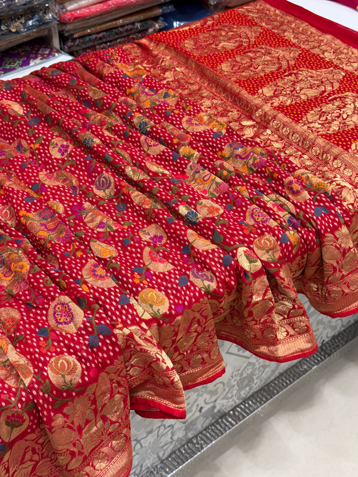 Red Chandra Mor Meenakari Woven Bandhej Saree