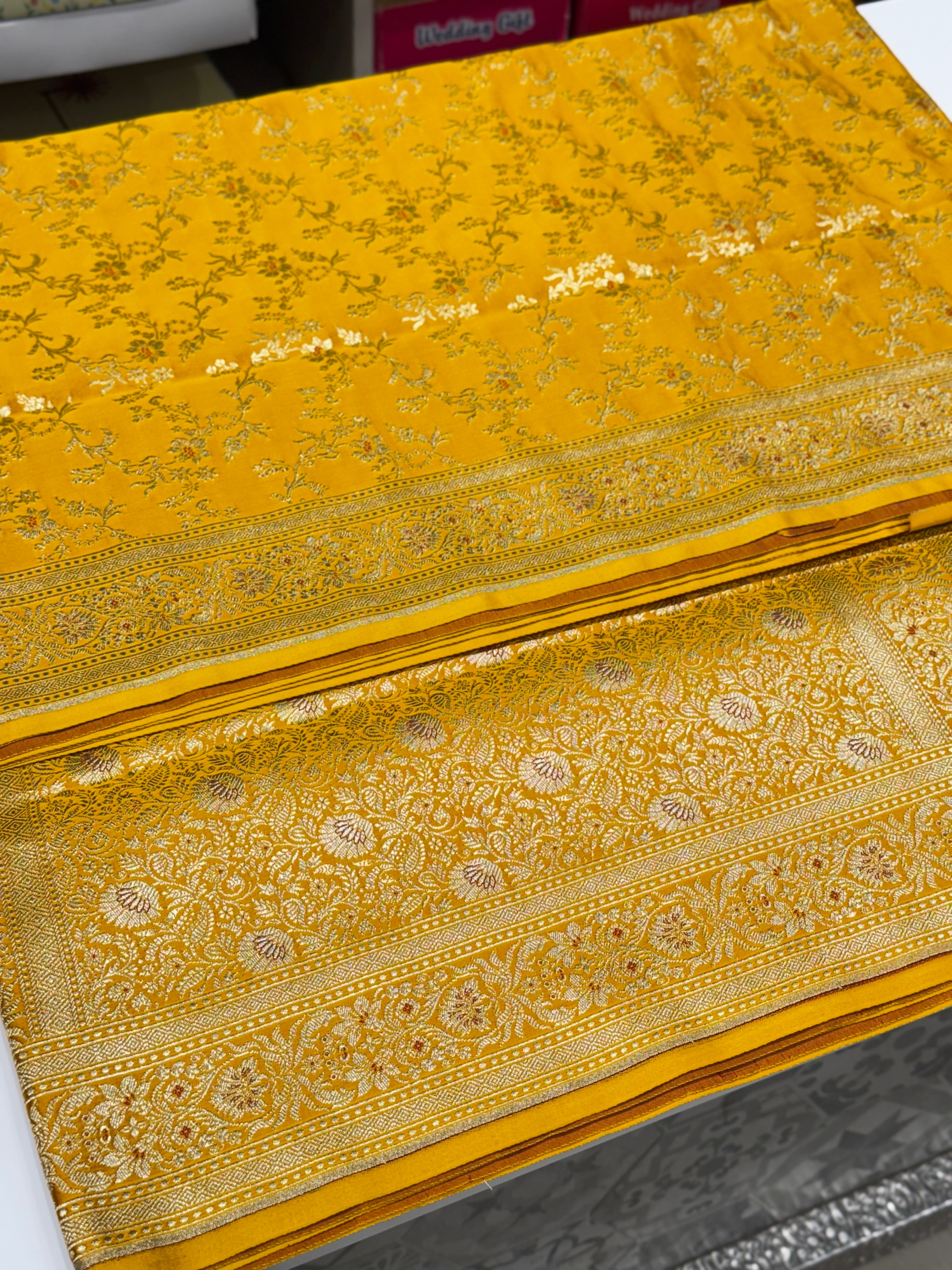 Yellow Banarasi Silk Meena Flower Saree