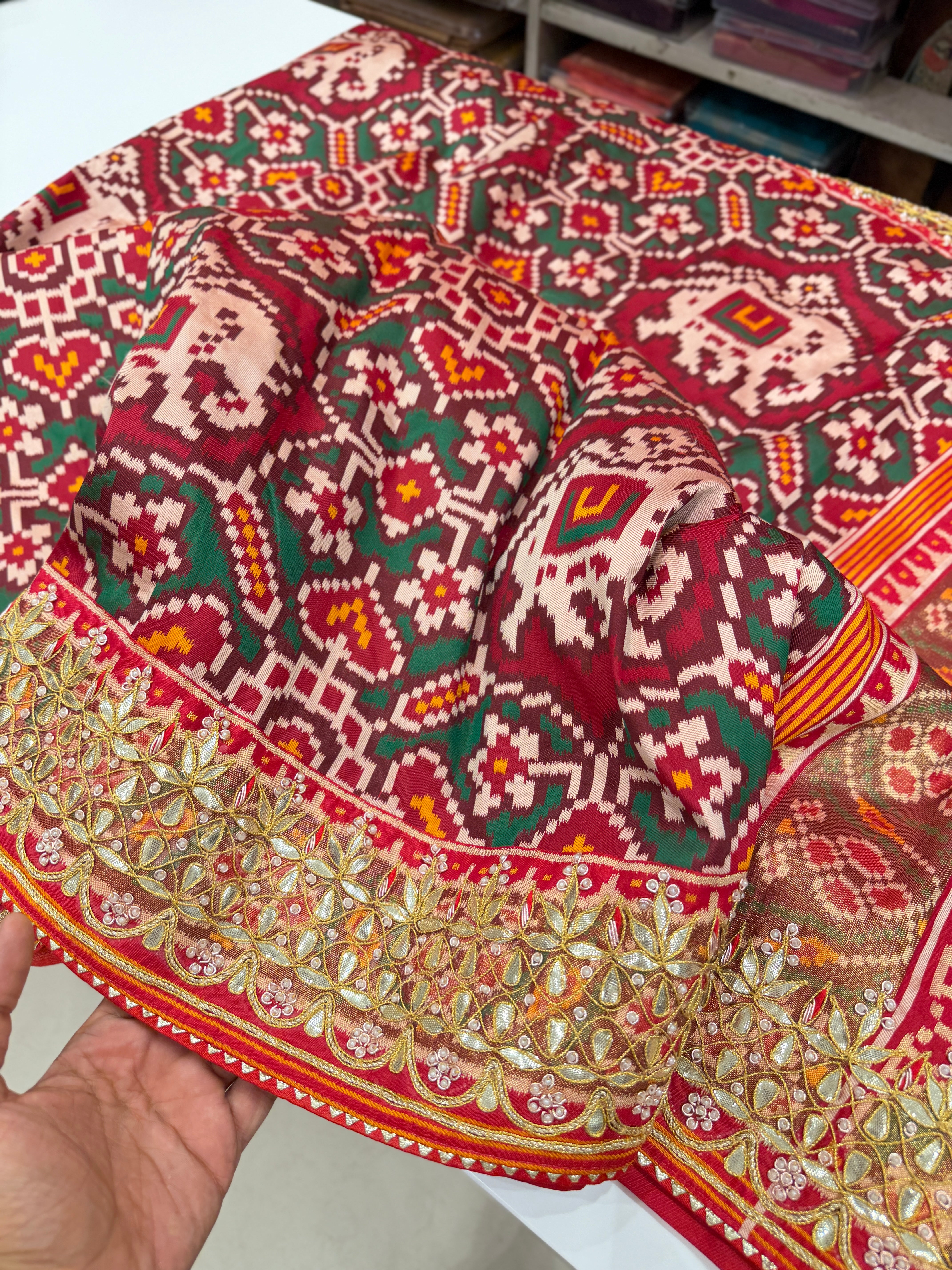 Maroon Green Chabdi Elephant Gotapatti Hand Embroidery Saree