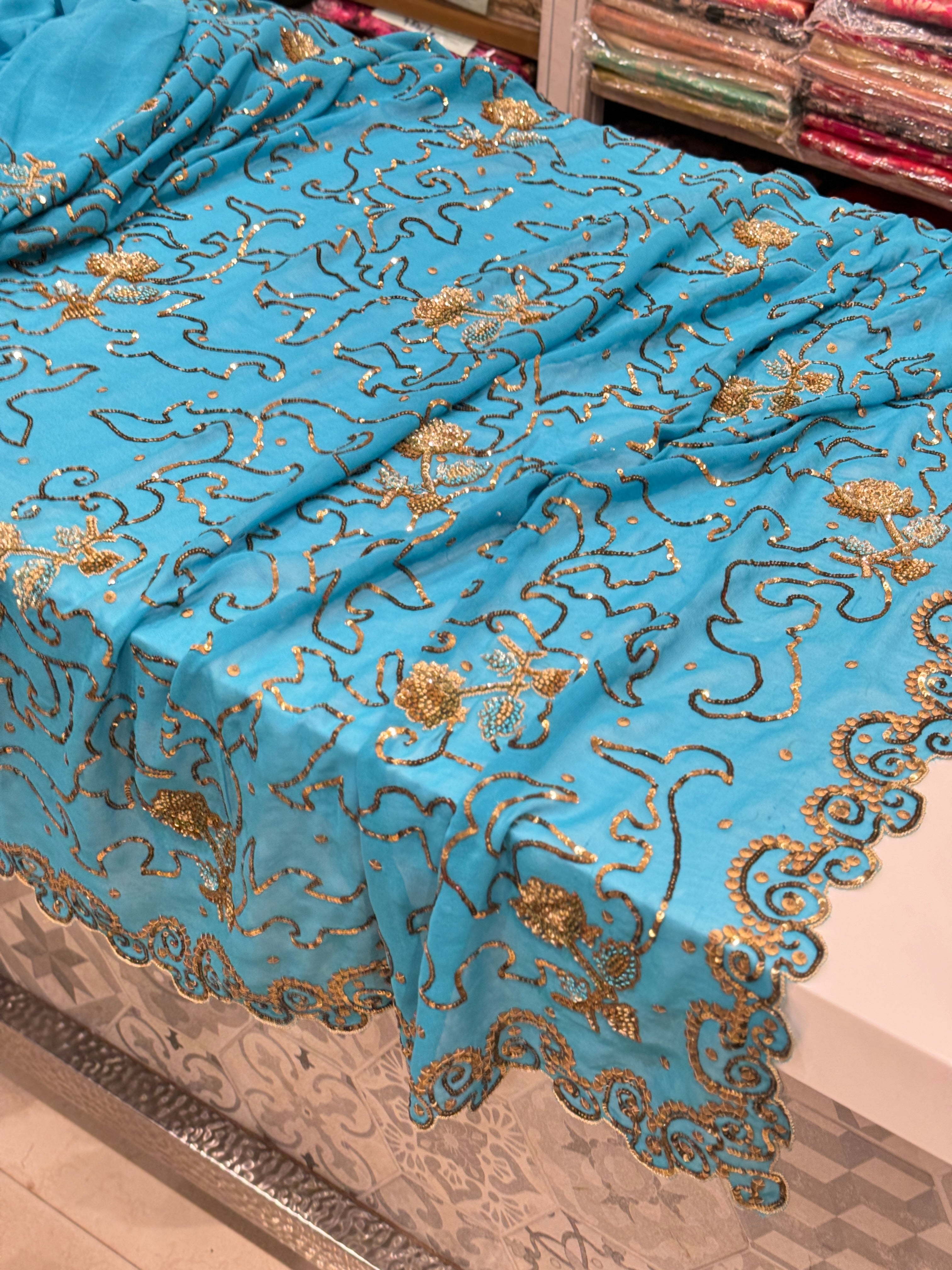 Blue Georgette Antique Sequin Hand Embroidery Saree