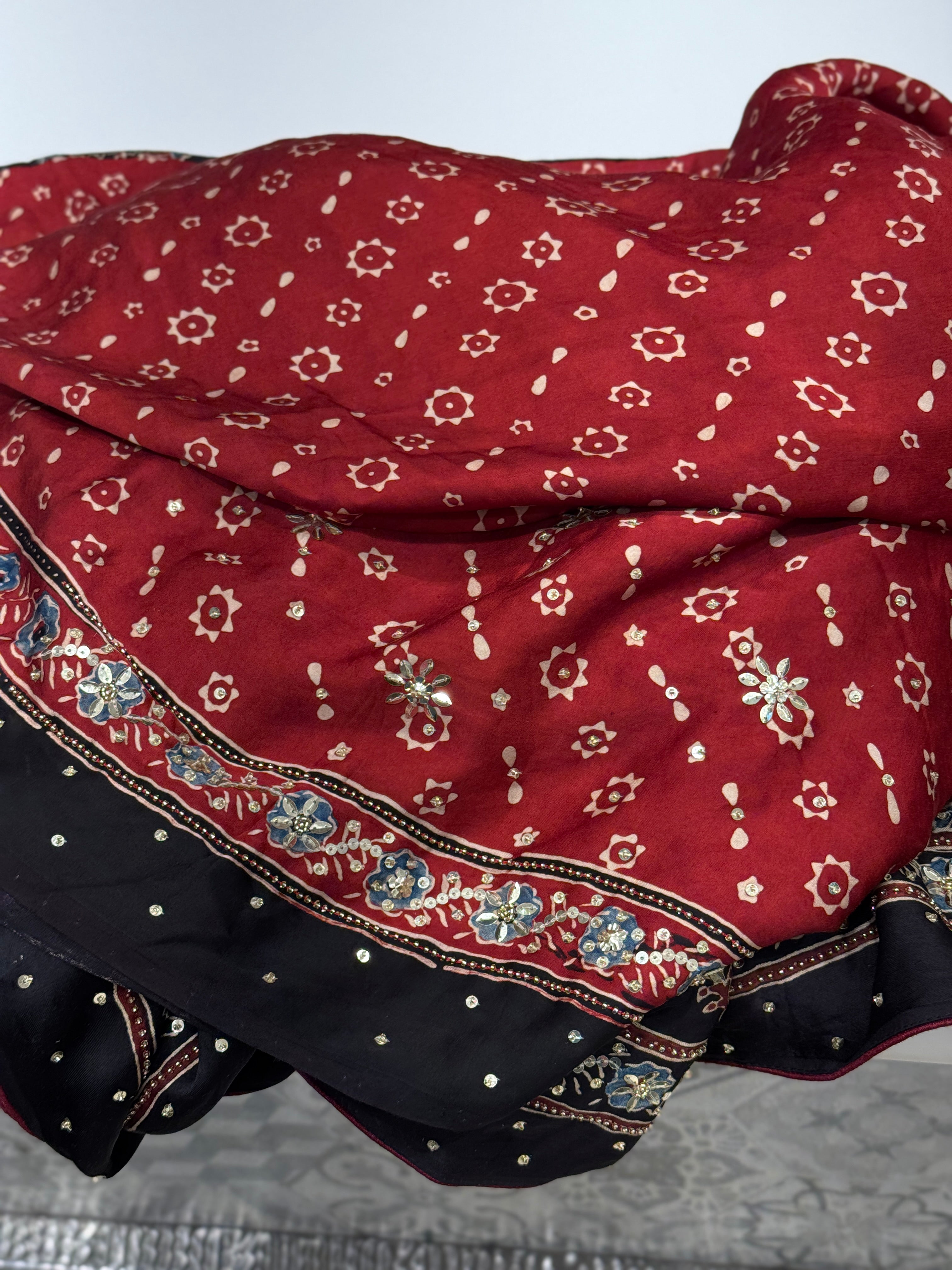 Black Red Ajrakh Buttas Sequins Hand Embroidery Saree