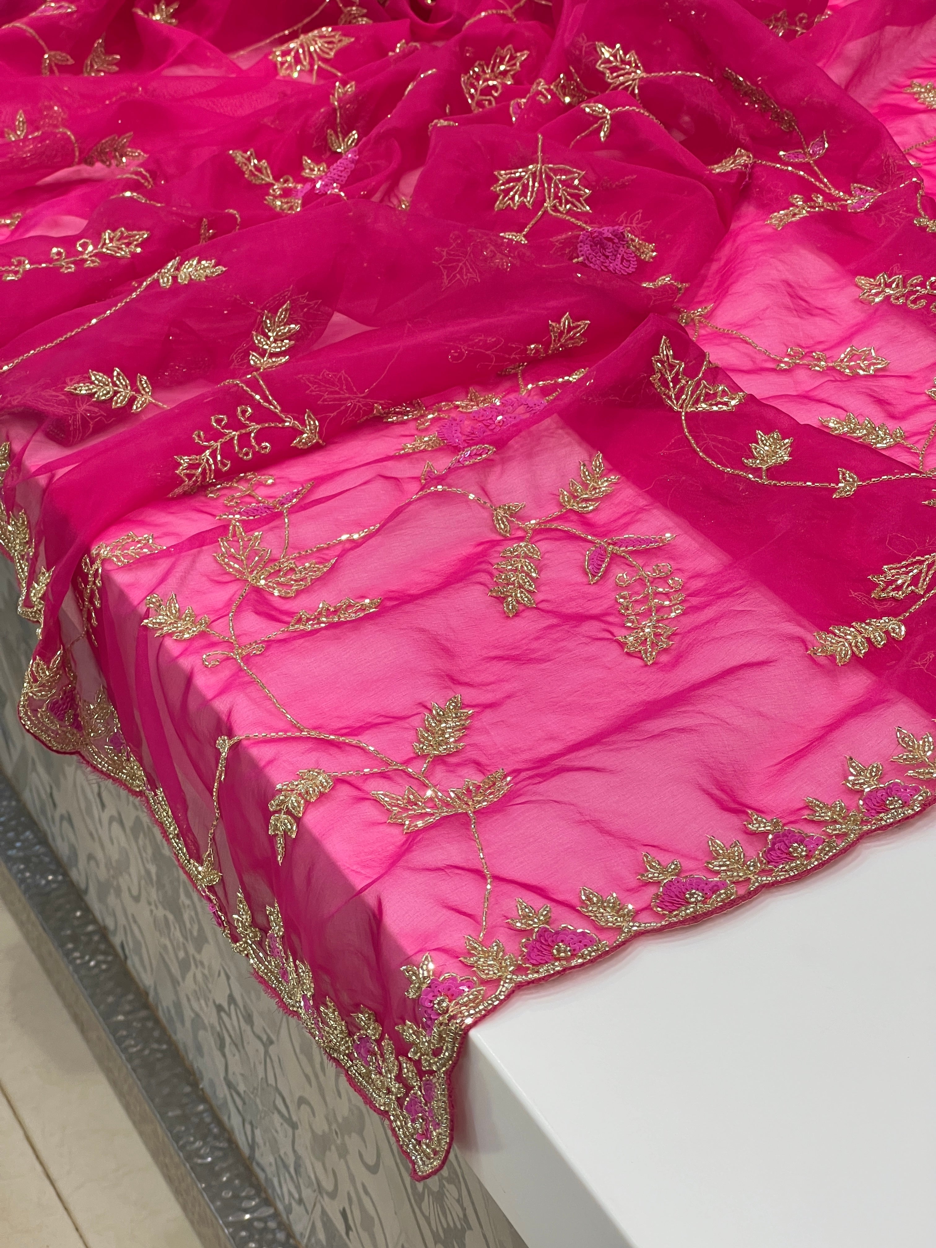 Rani Organza Hand Embroidery Jaal Saree