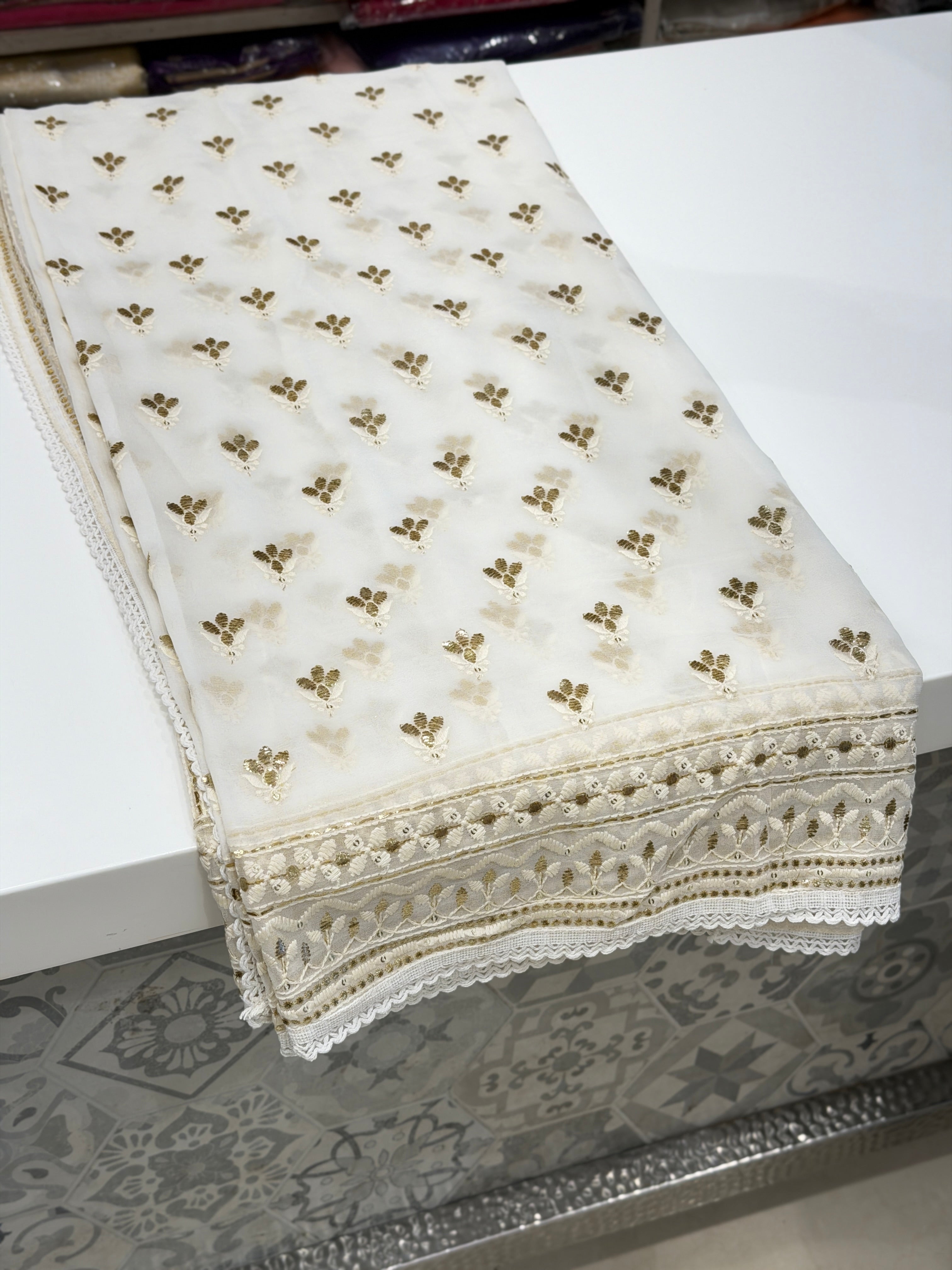 White Georgette Badla Embroidery Buttis Chikankari Saree
