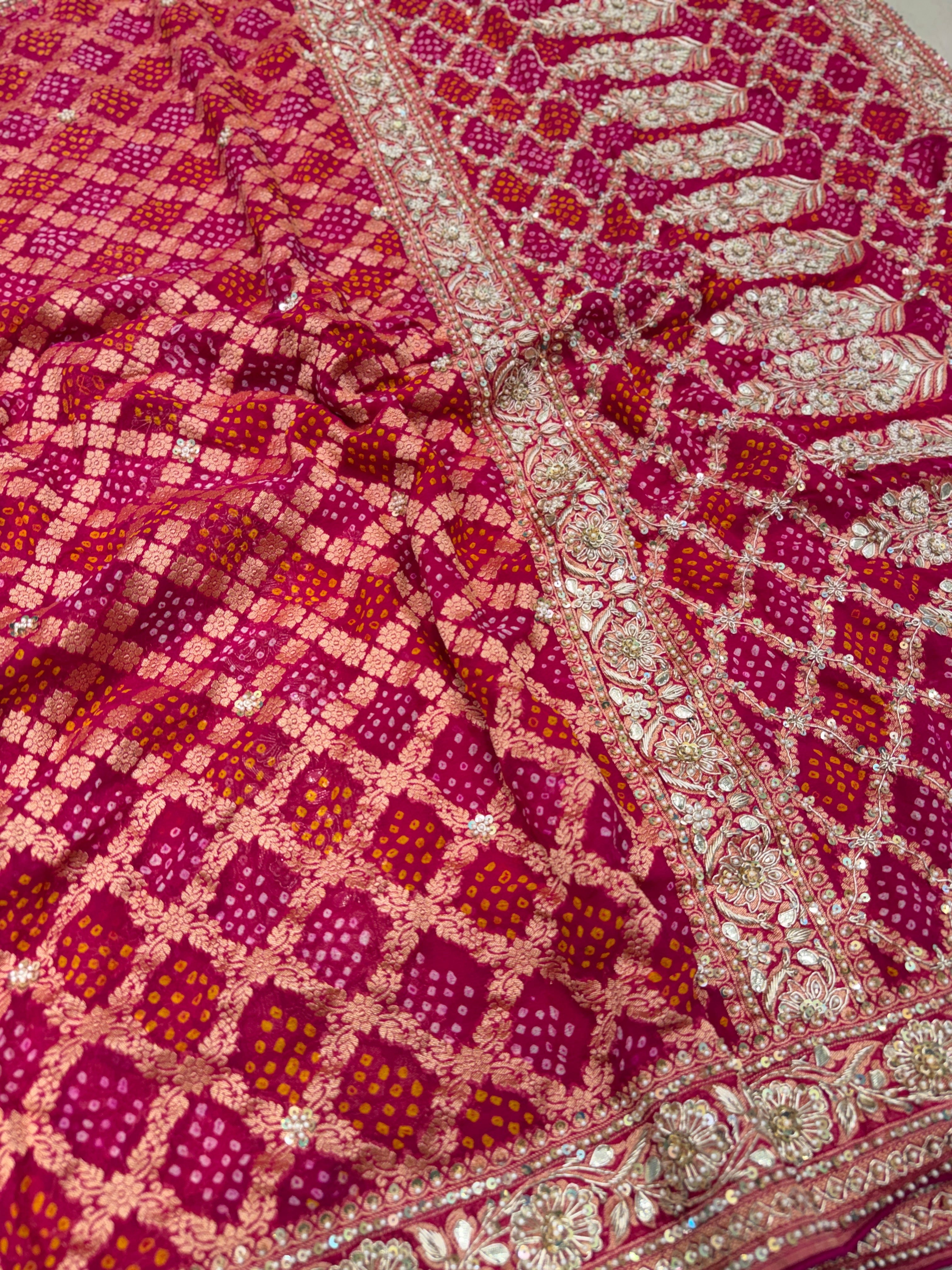Rani Pink Rai Bandhej Zardosi Hand Embroidery Saree