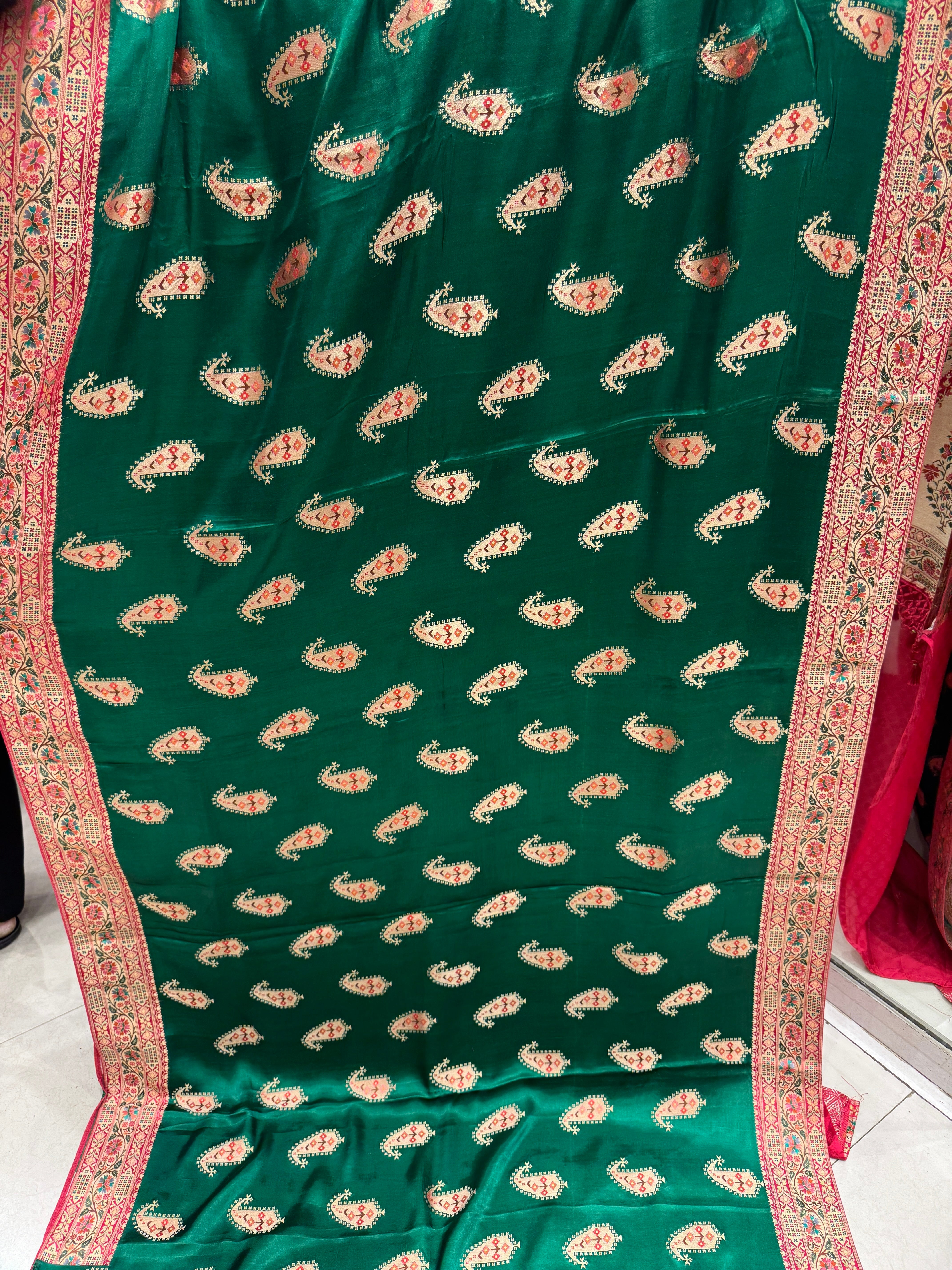 Bottle Green Banarasi Keri Butta Modal Satin Saree