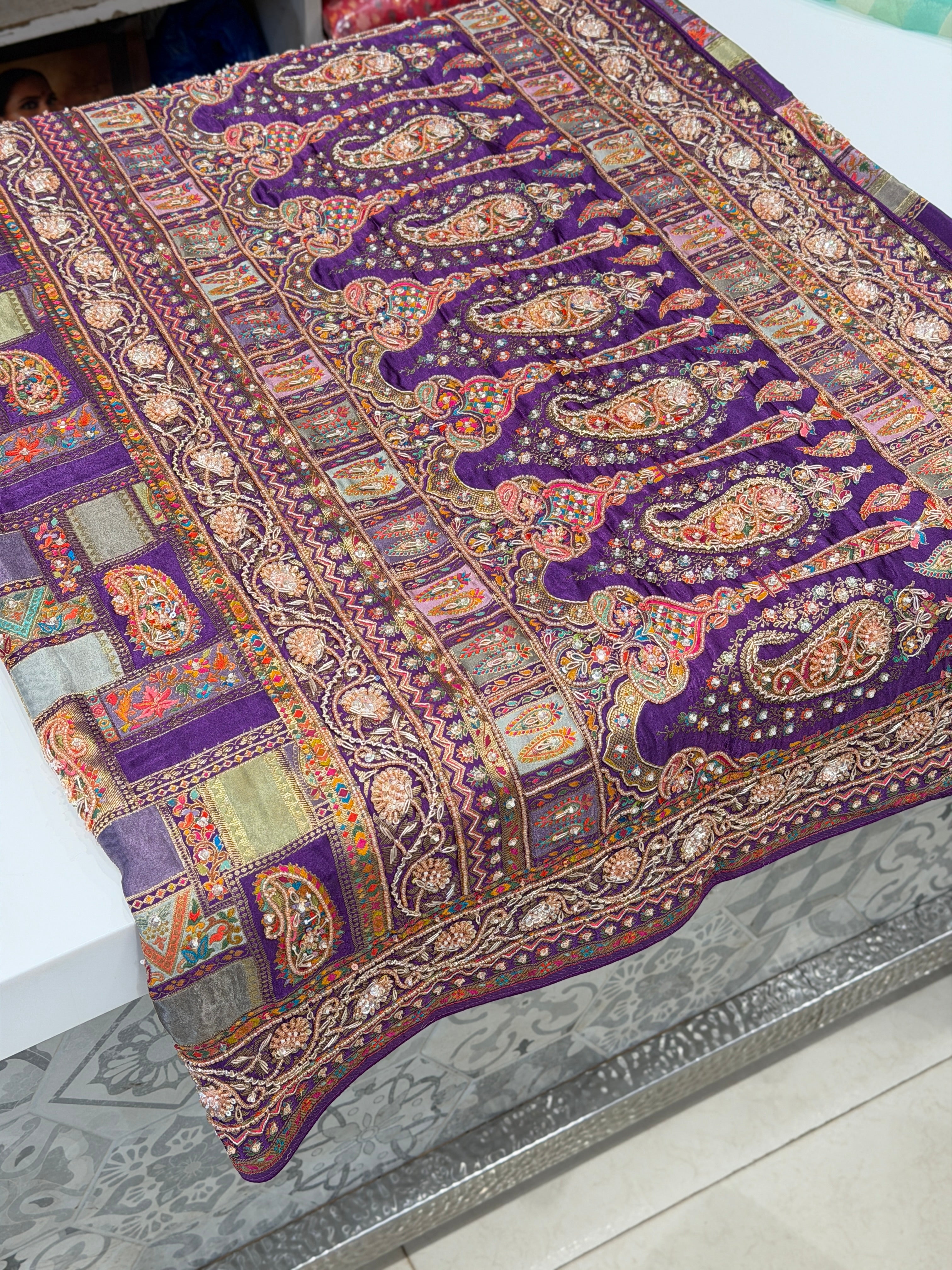 Violet Modal Rangkat Hand Embroidery Moti Sequin Saree