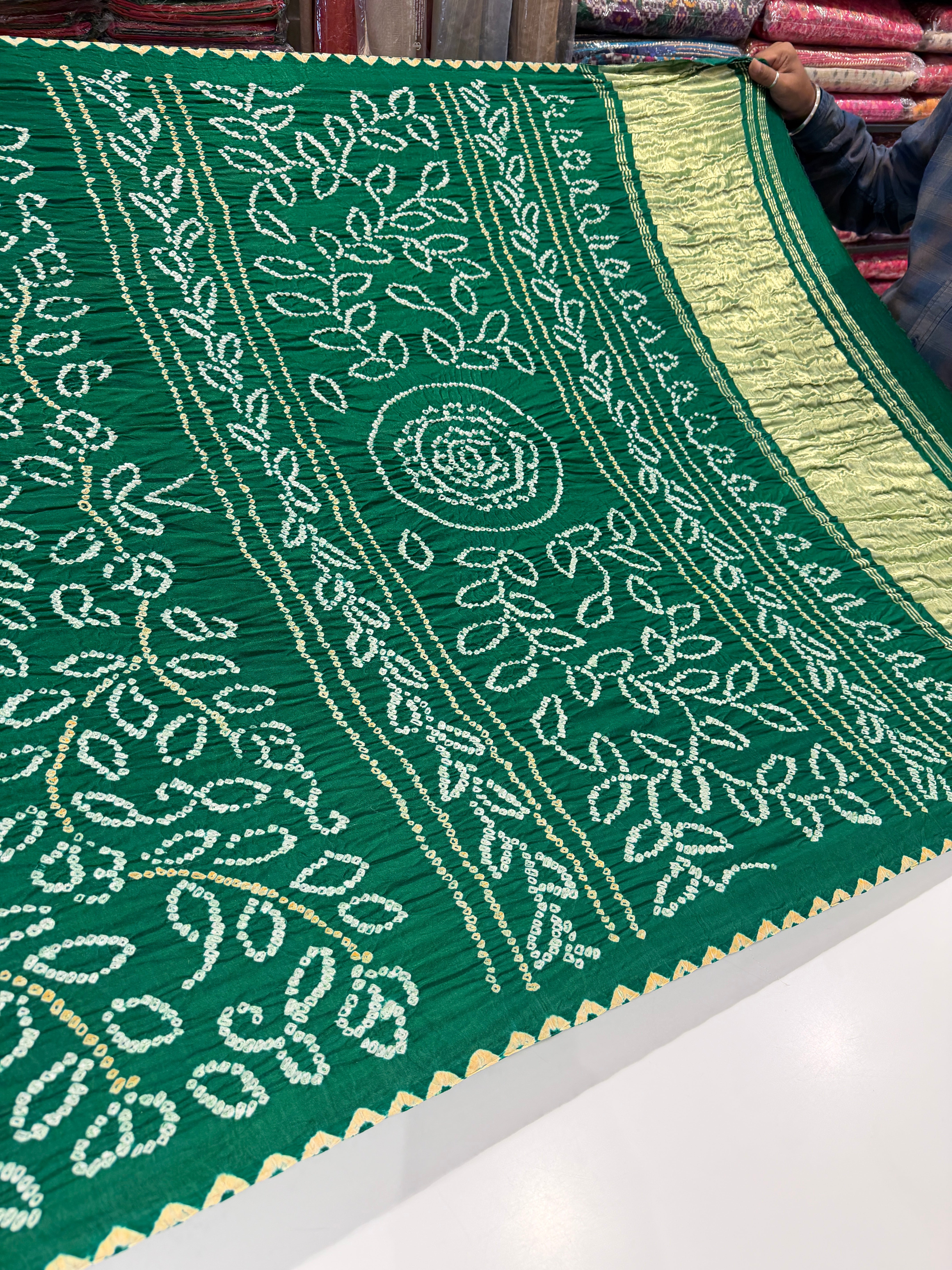 Bottle Green Ambadal Pure Gajji Silk Rai Bandhej Hand Made Saree