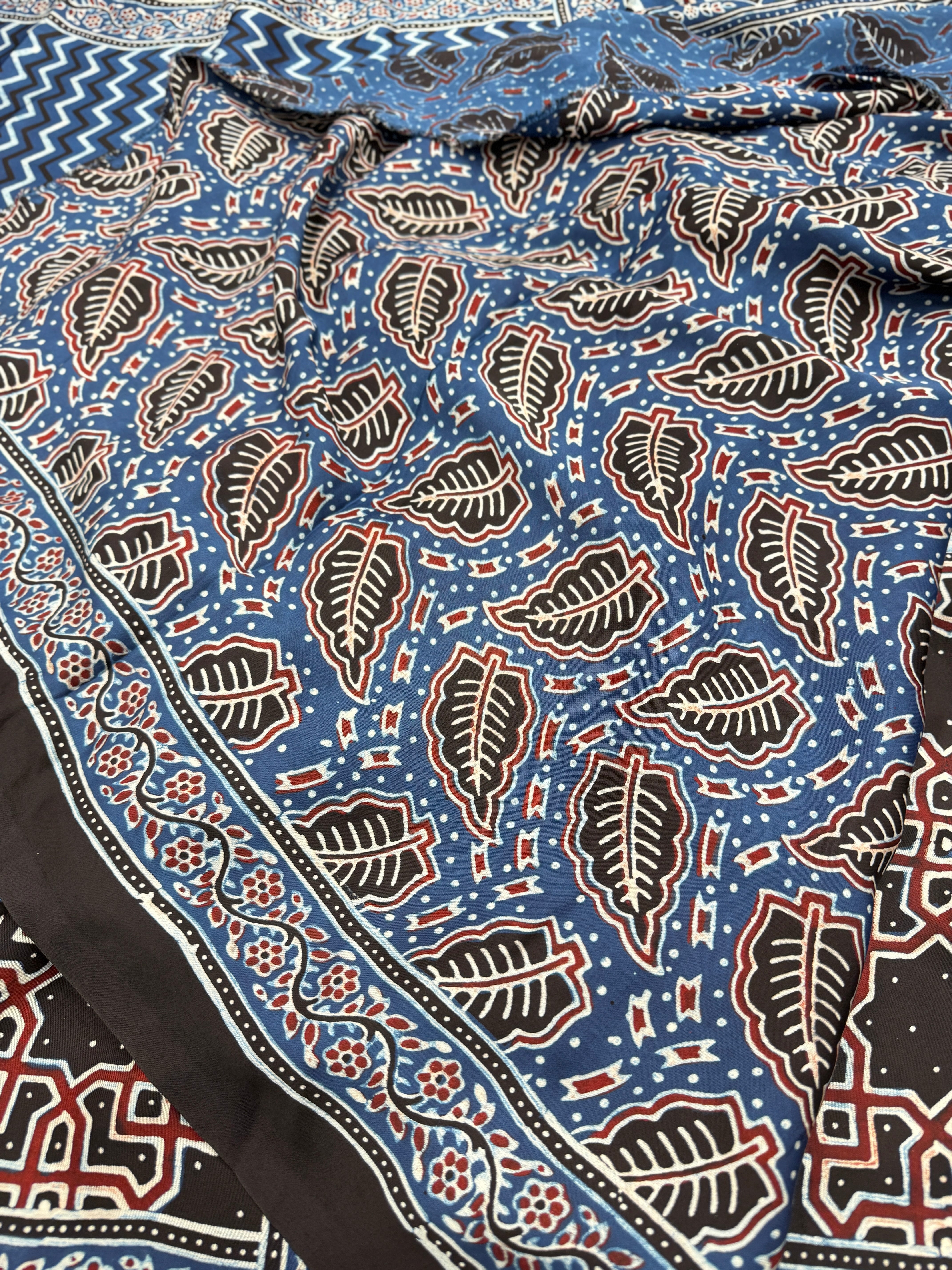 Blue Zig Zag Pallu Contemporary Modal Gajji Silk Ajrakh Saree