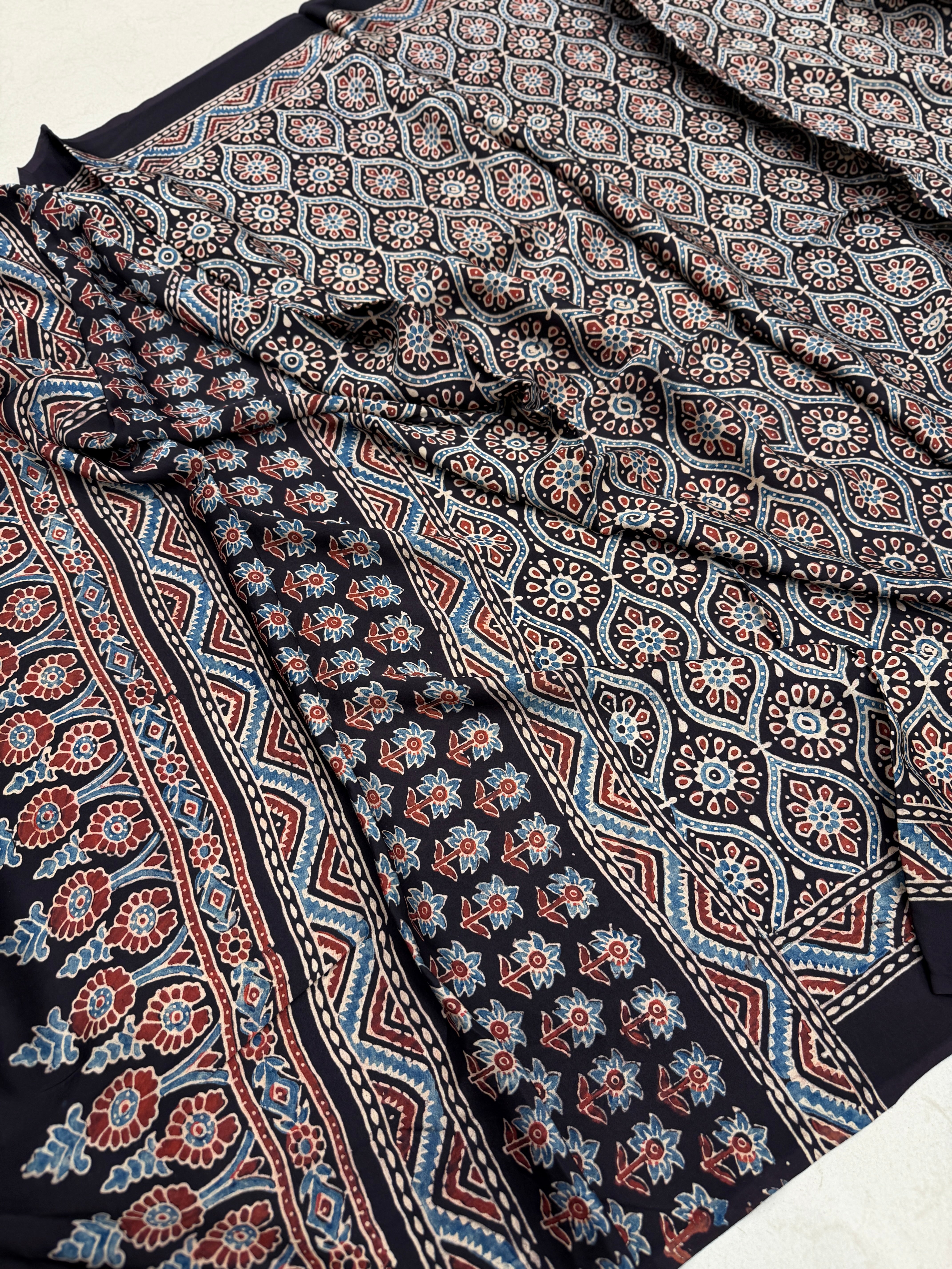 Black Badam Jaal Ajrakh Hand Block Print Pure Gajji Silk Dupatta
