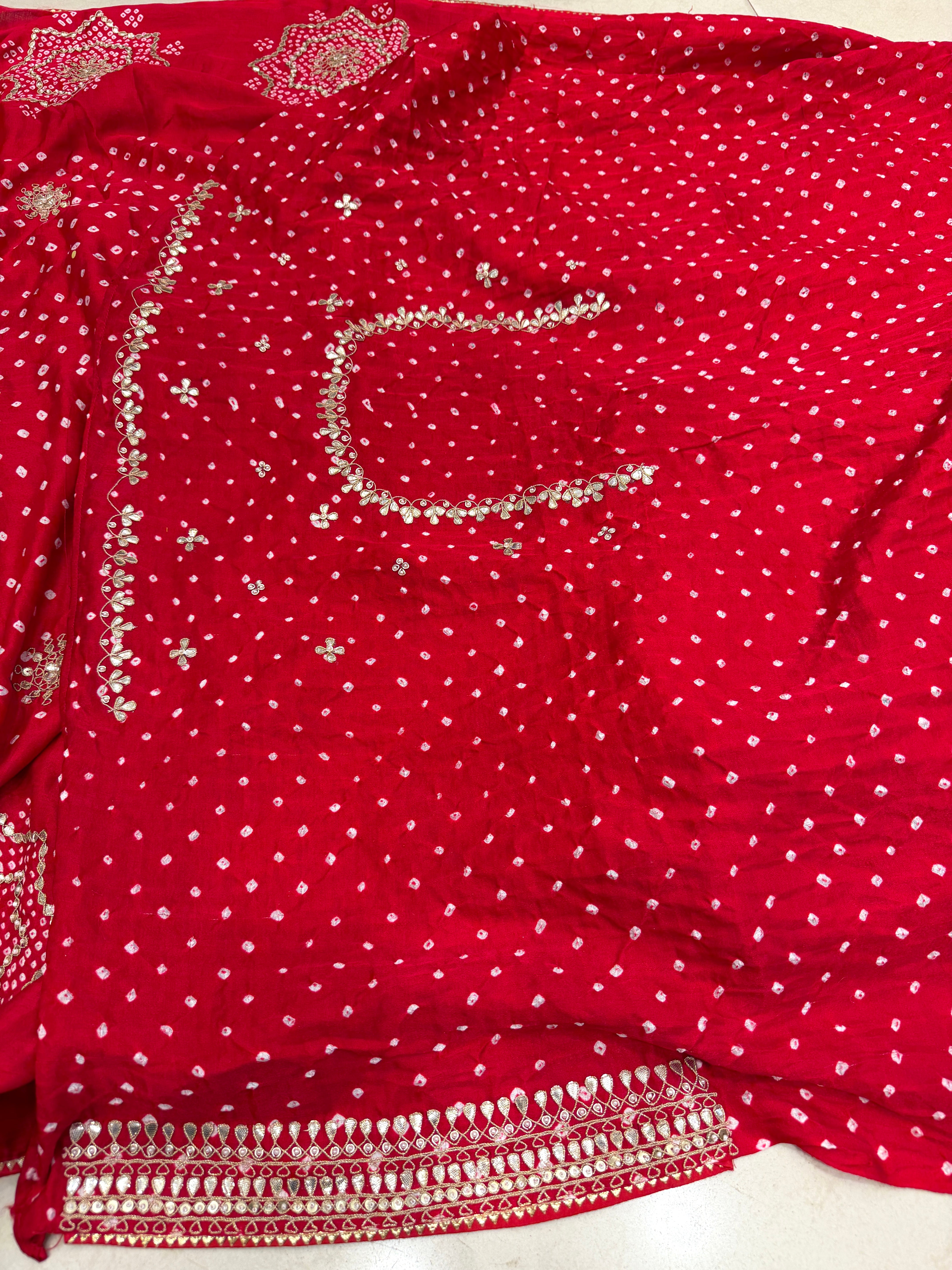 Red Gajji Silk Rai Bandhej Marodi Hand Embroidery Dabka Saree