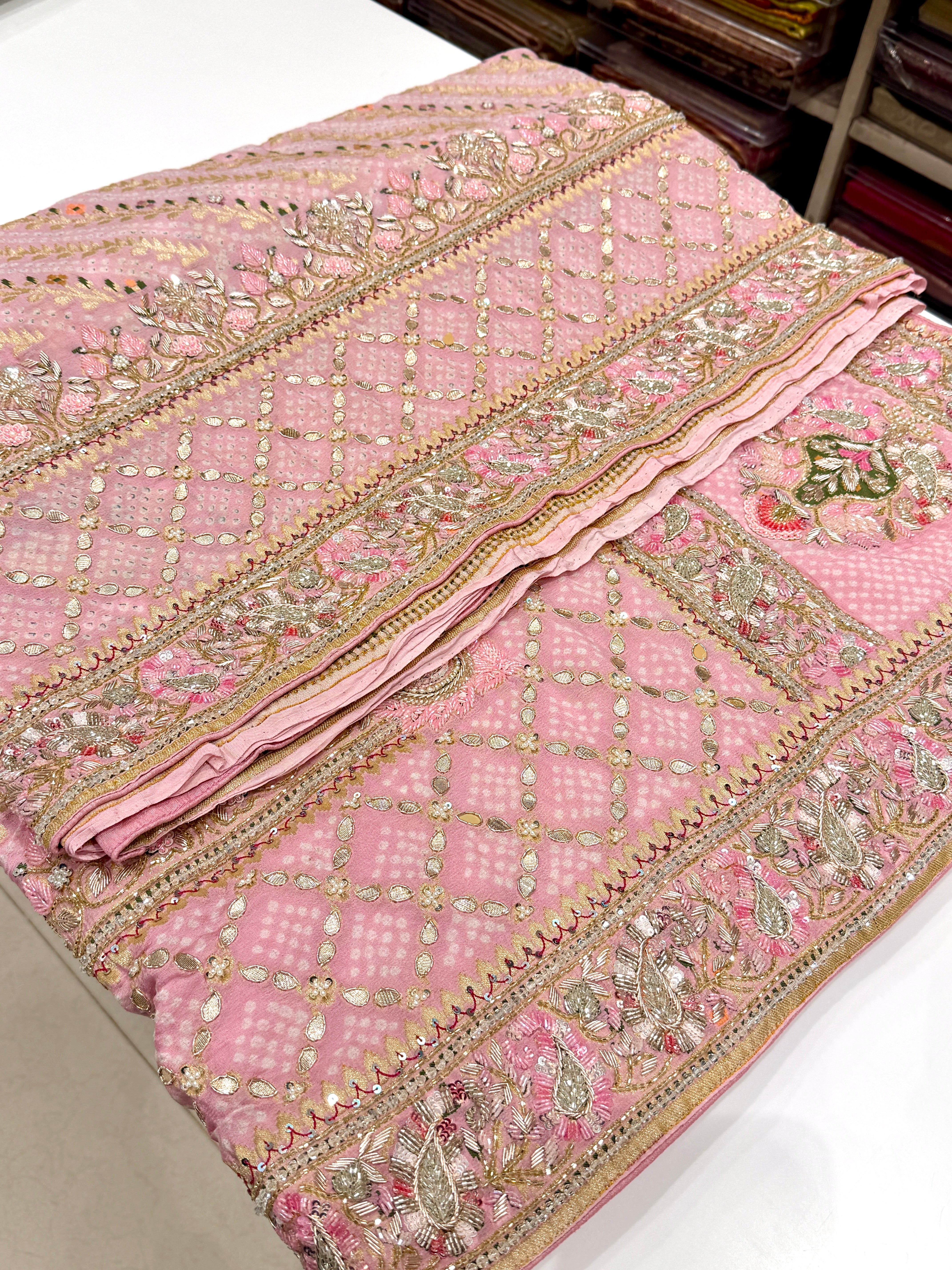 Pastel Pink Bandhej Meenakari Hand Embroidery Saree