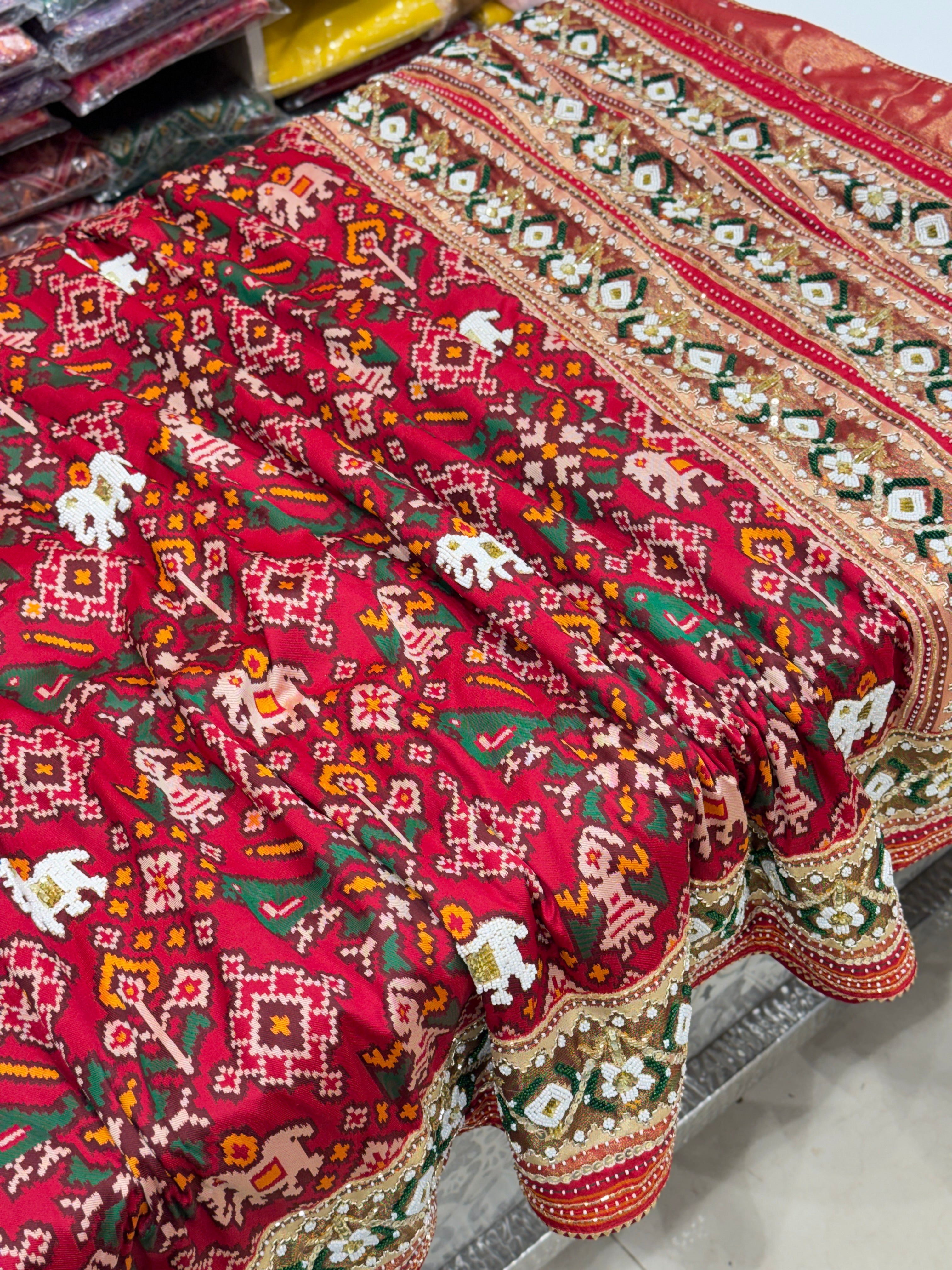 Red Patola Chhabdi Bhat Kidiya Moti Hand Embroidery Patola Saree
