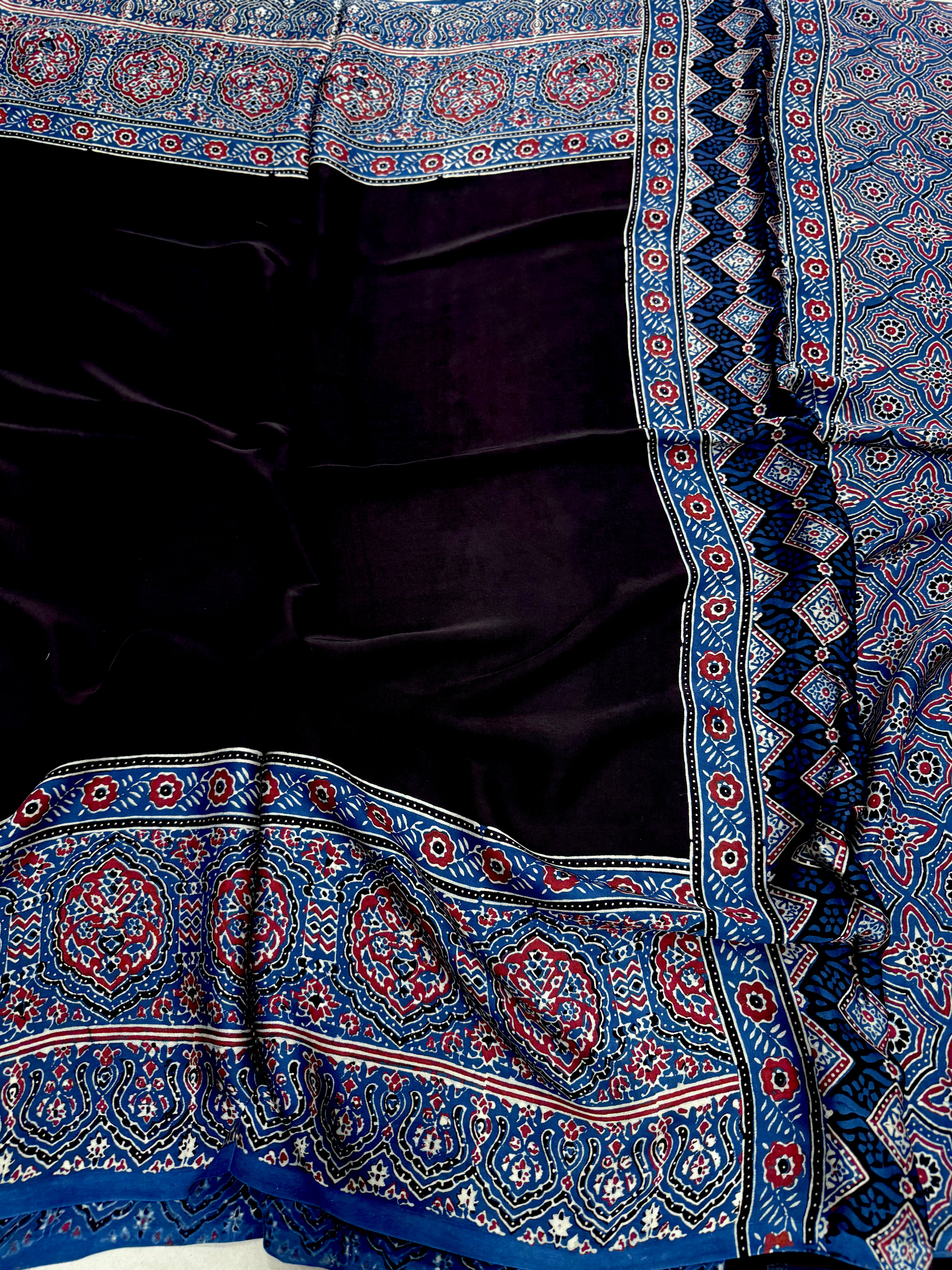 Black Plain Border Hand Block Print Ajrkah Pure Gajji Silk Saree