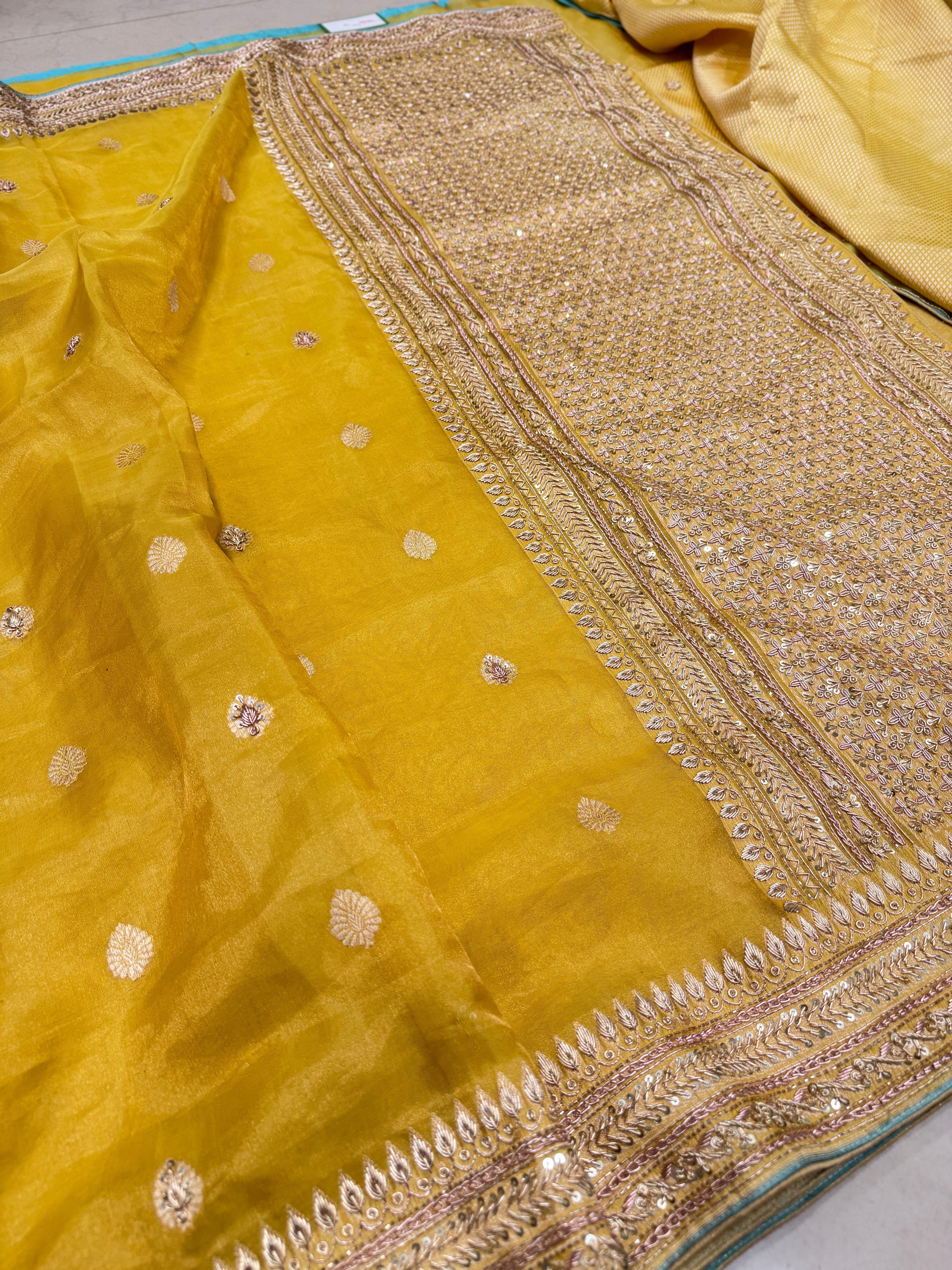 Yellow Banarasi Tissue Handloom Kadwa Weave Zardosi Embroidery Saree