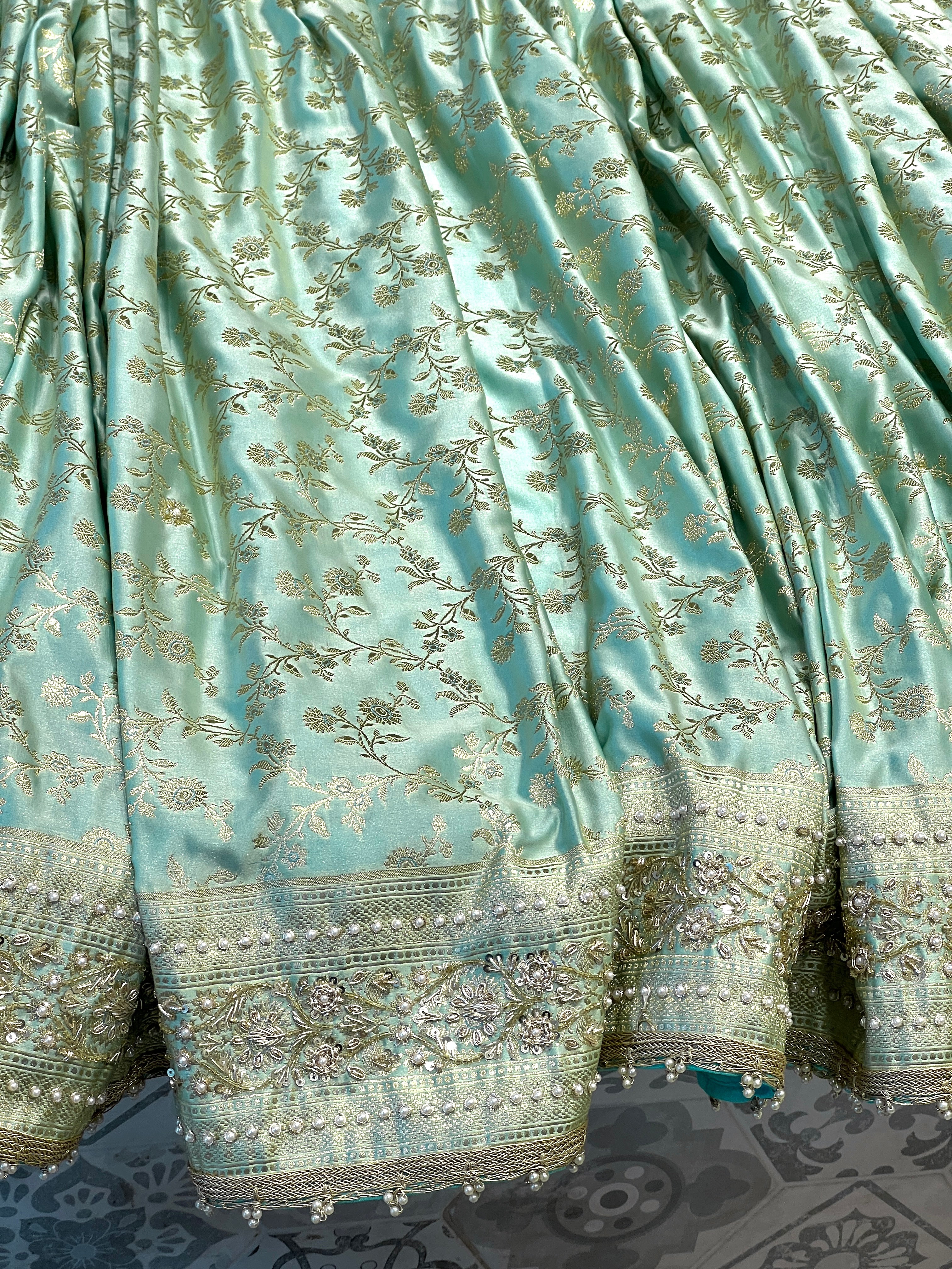 Green Banarasi Silk Jaal Moti Hand Embroidery Saree