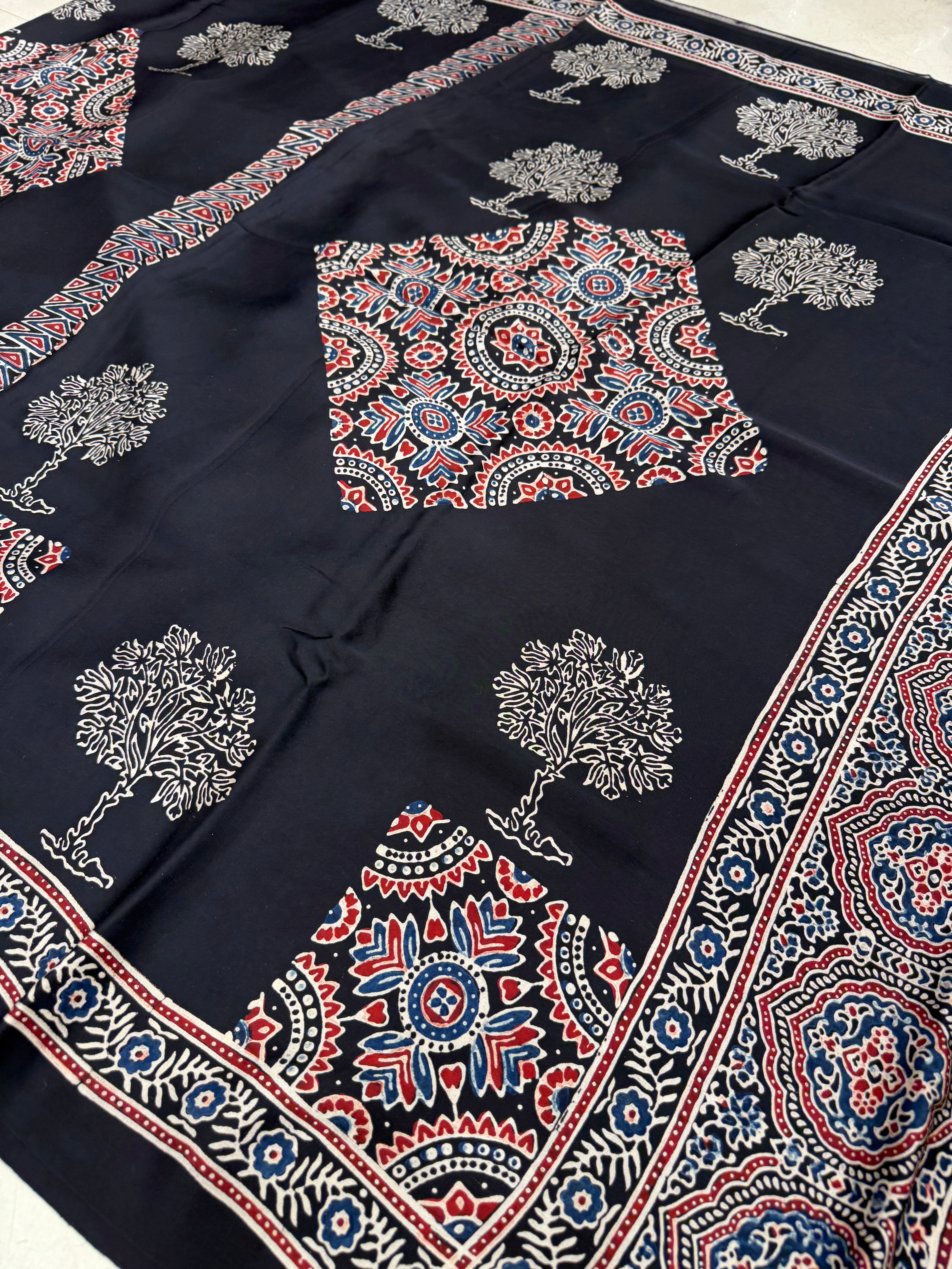 Black Contemporary Butta Ajrakh Hand Block Print Pure Modal Silk Saree