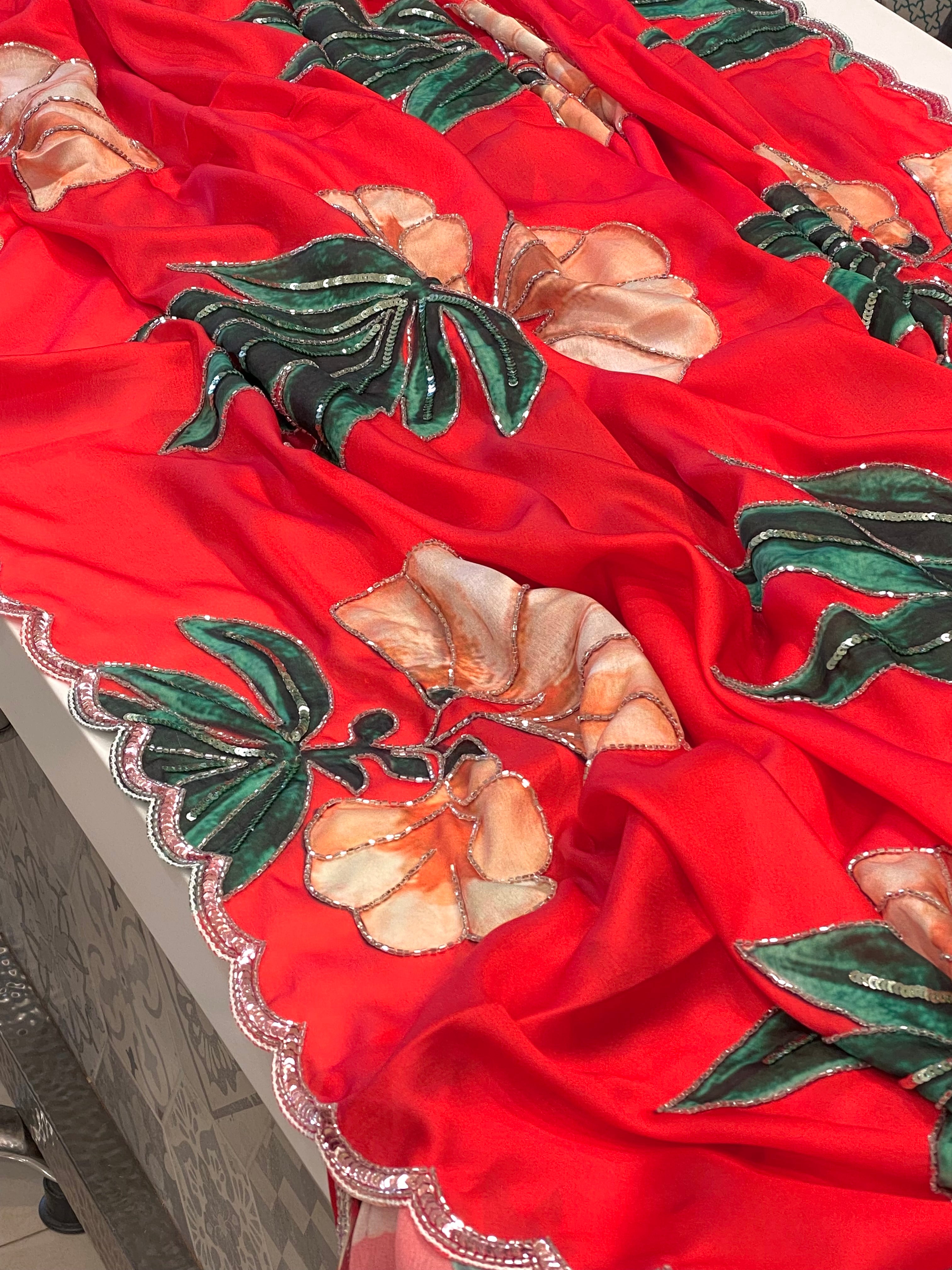 Red Printed Satin Hand Embroidery Saree