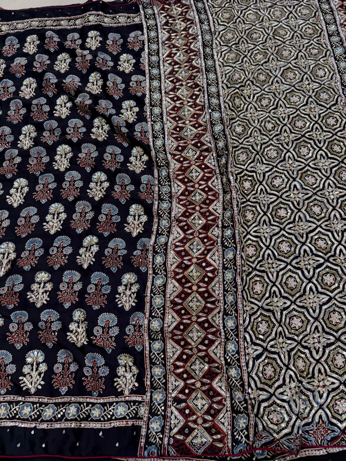 Black Buttas Pita Zardosi Sequin Ajrakh Hand Embroidery Saree