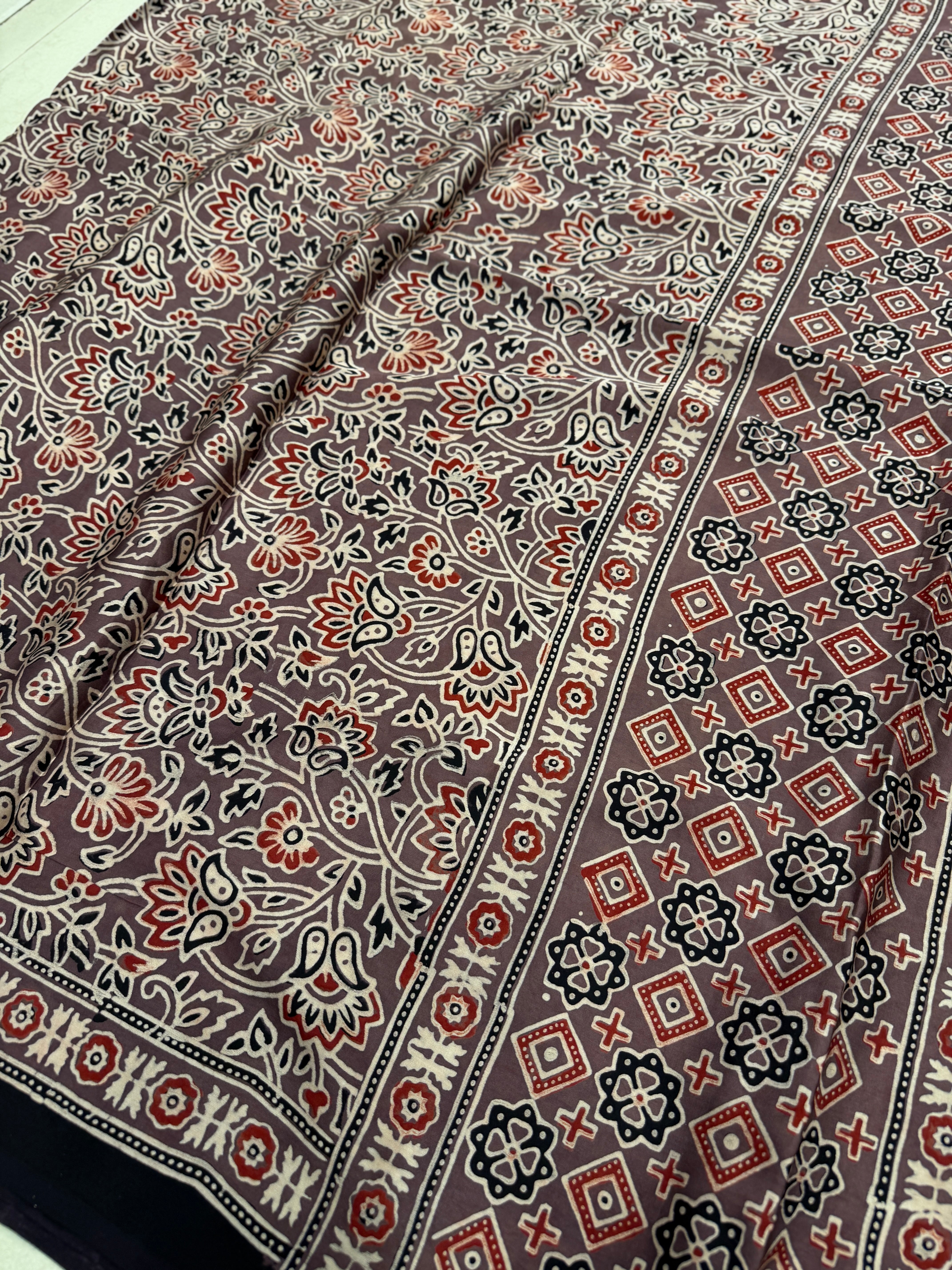 Brown Jaal Ajrakh Hand Block Print Pure Gajji Silk Saree