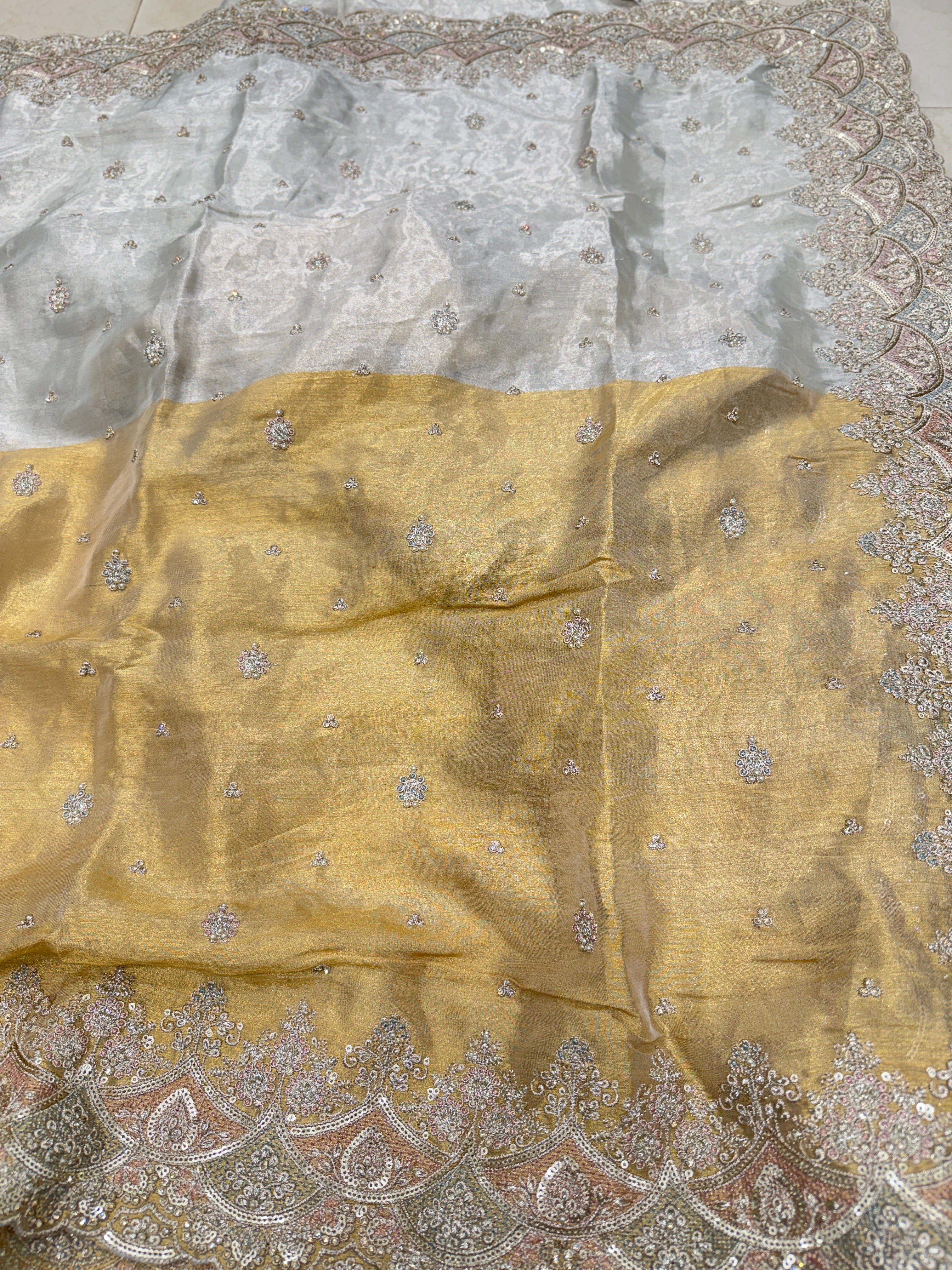 Golden Silver Soft Tissue Pita Double Scallop Embroidery Saree