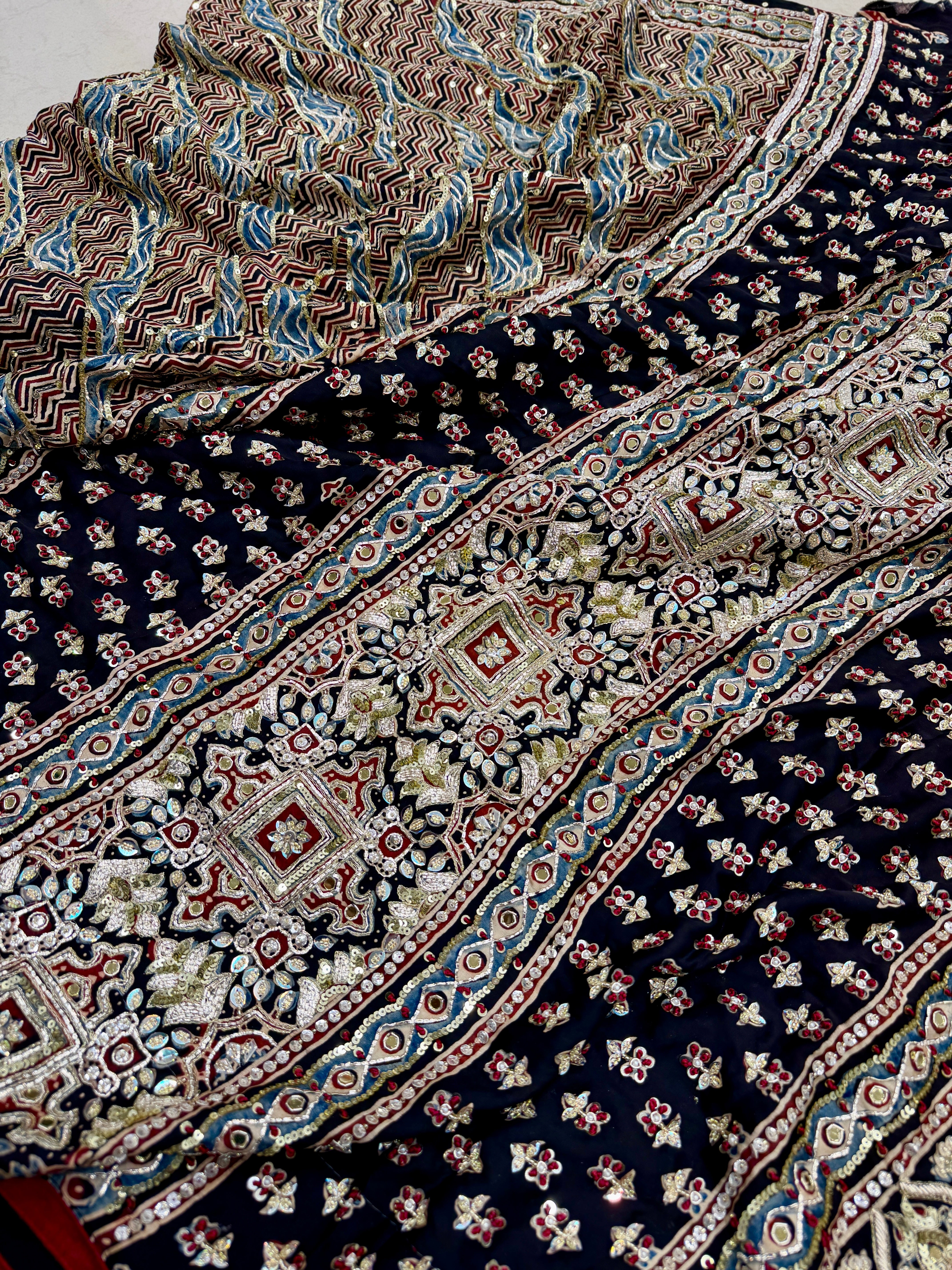Black Abstract Jaal Pita Zardosi Sequin Ajrakh Hand Embroidery Saree