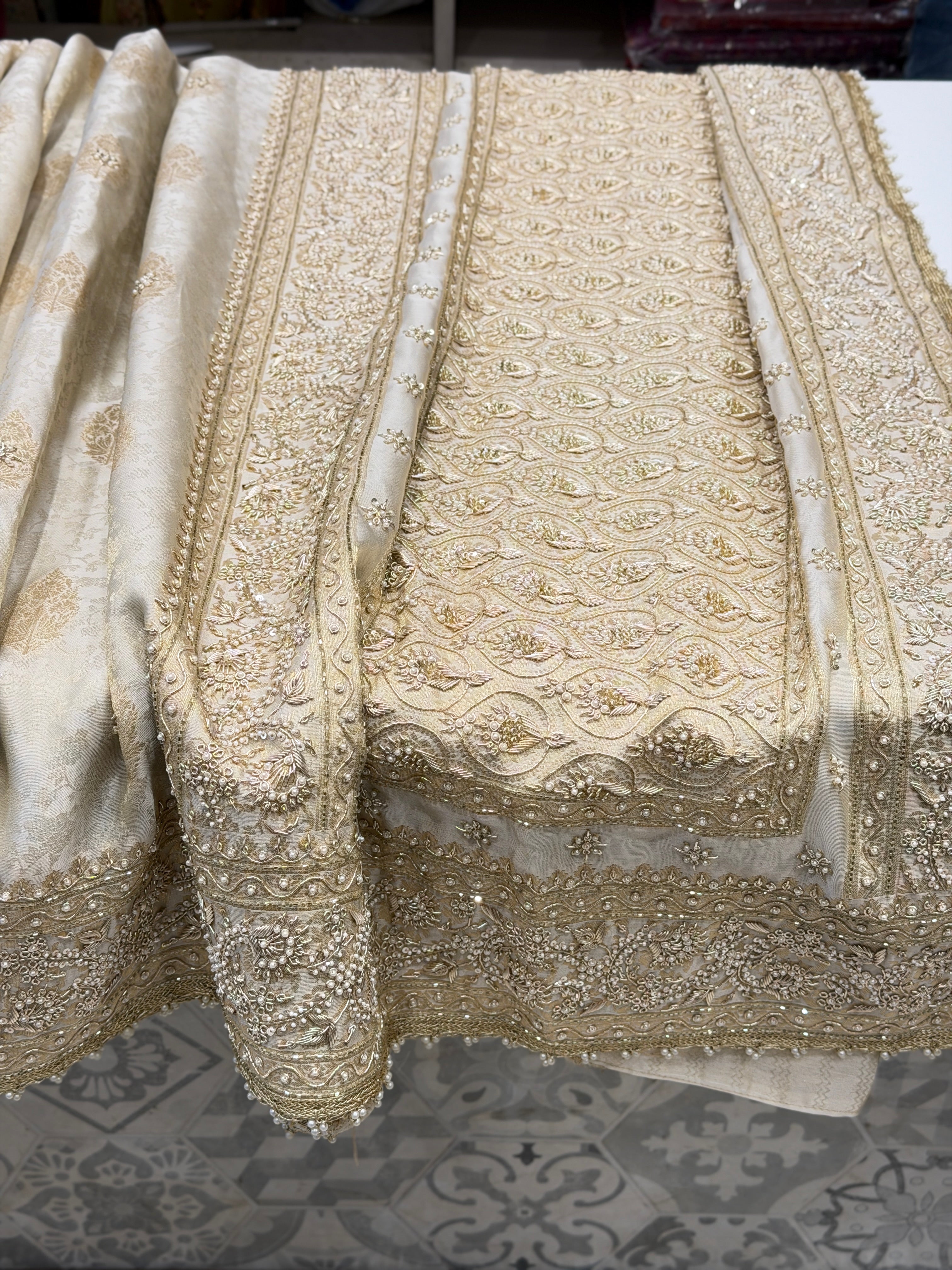 Creme Jaquard Weave Satin Zardosi Hand Embroidery Saree