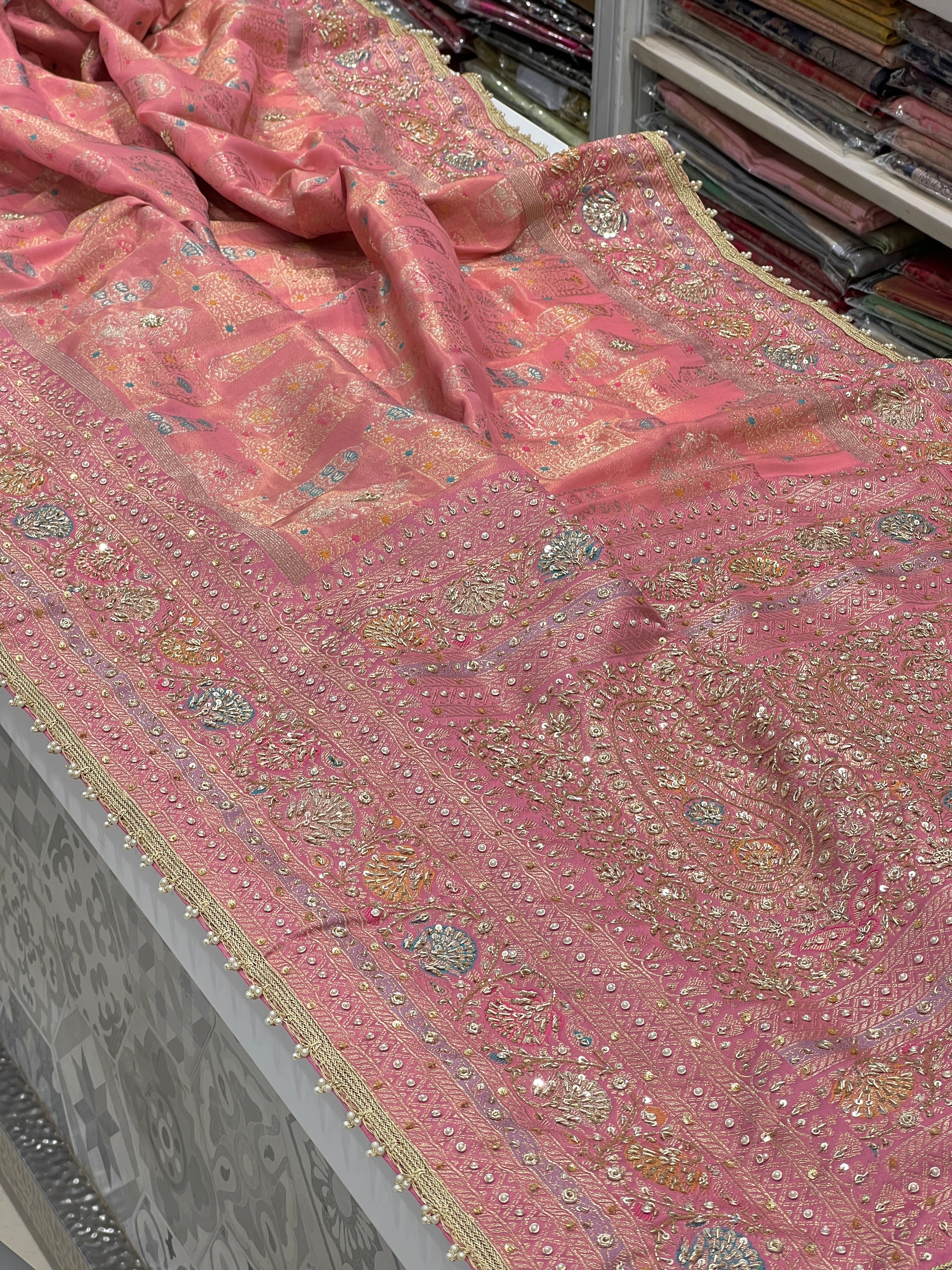 Pink Banarasi Tissue Zardosi Embroidery Saree