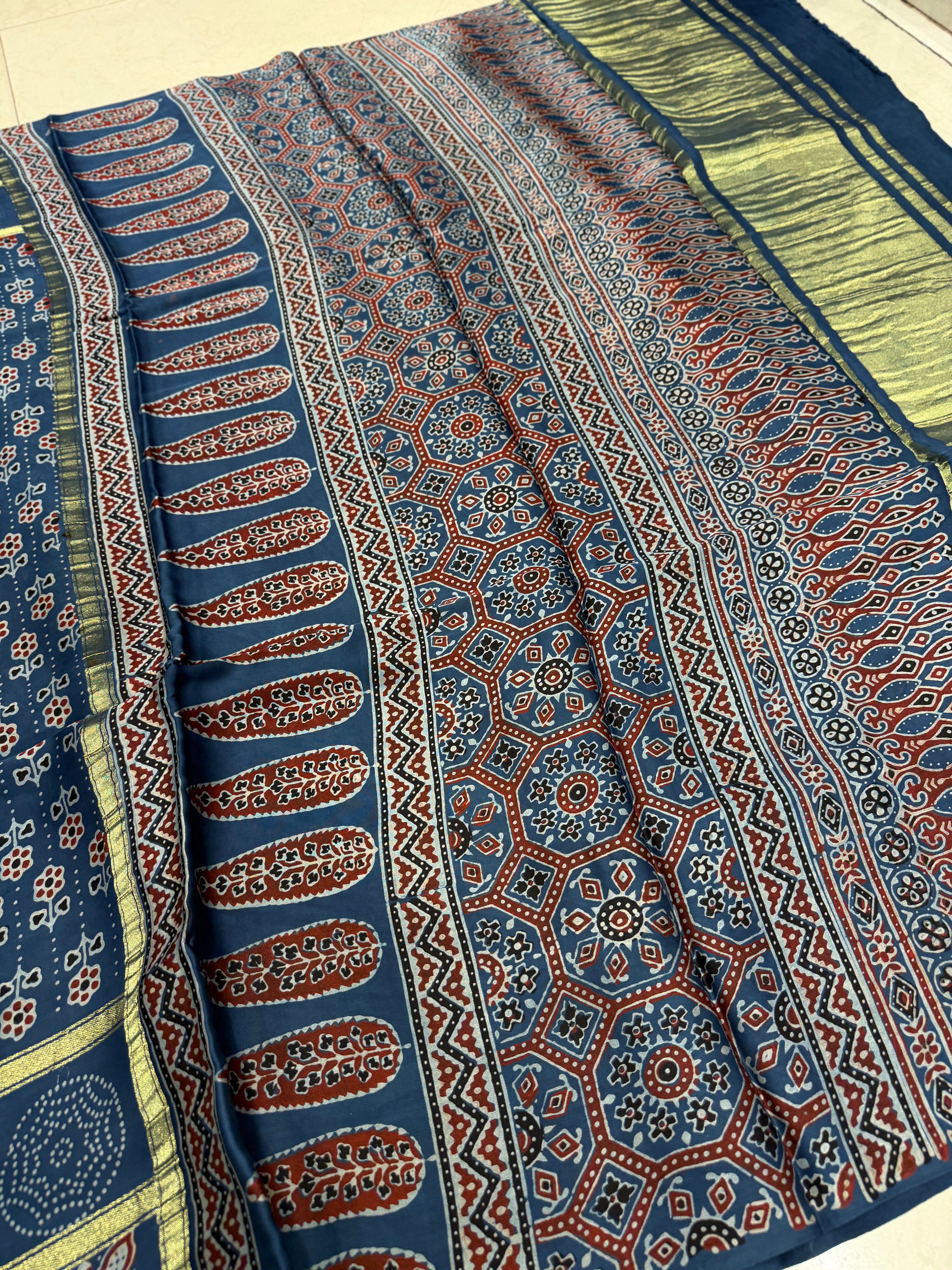 Blue Checks Border Lagdipatta Ajrakh Hand Block Print Pure Modal Silk Saree