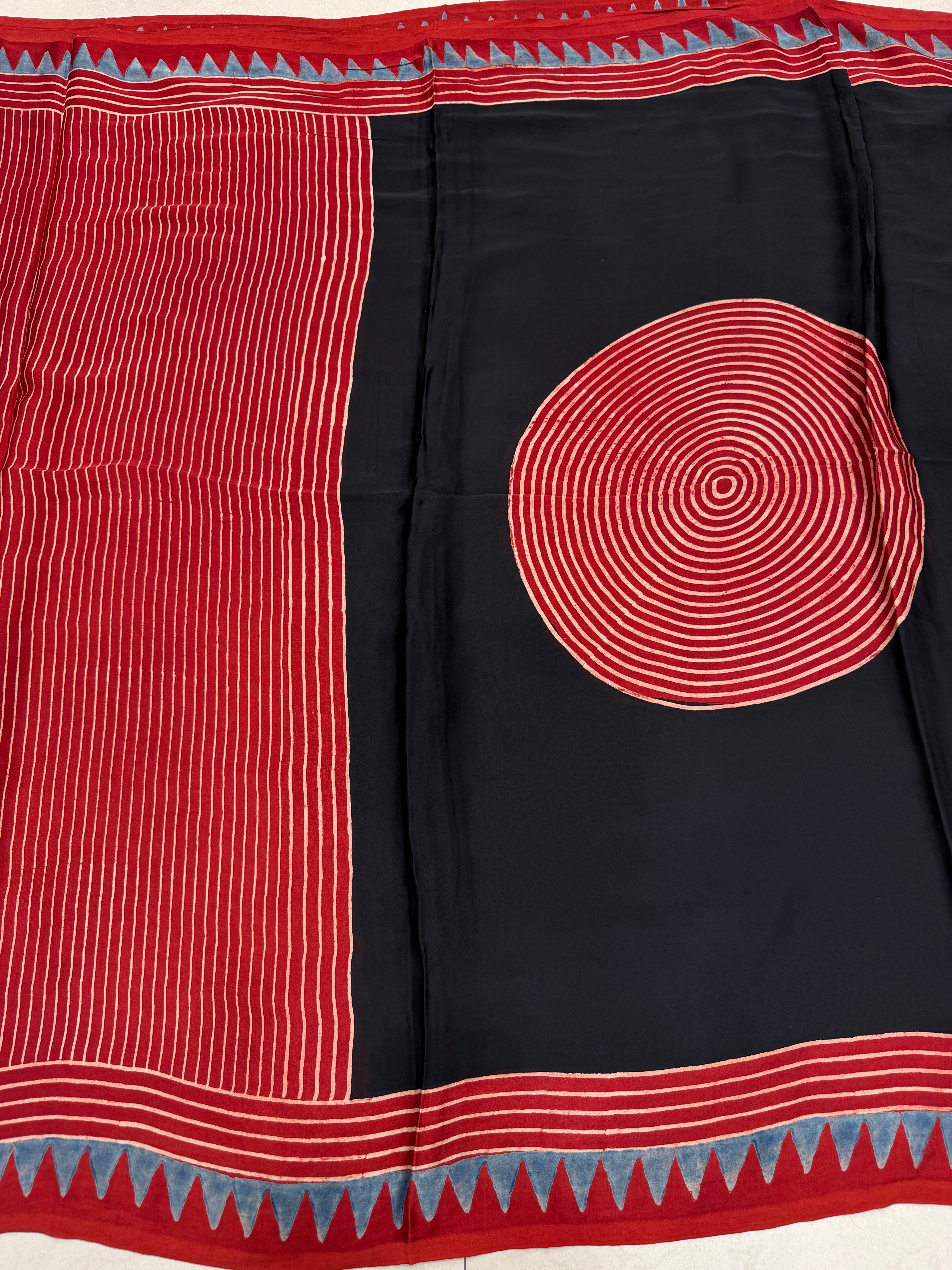Red Contemporary Spiral Pallu Ajrakh Block Print Hand Pure Gajji Silk Saree