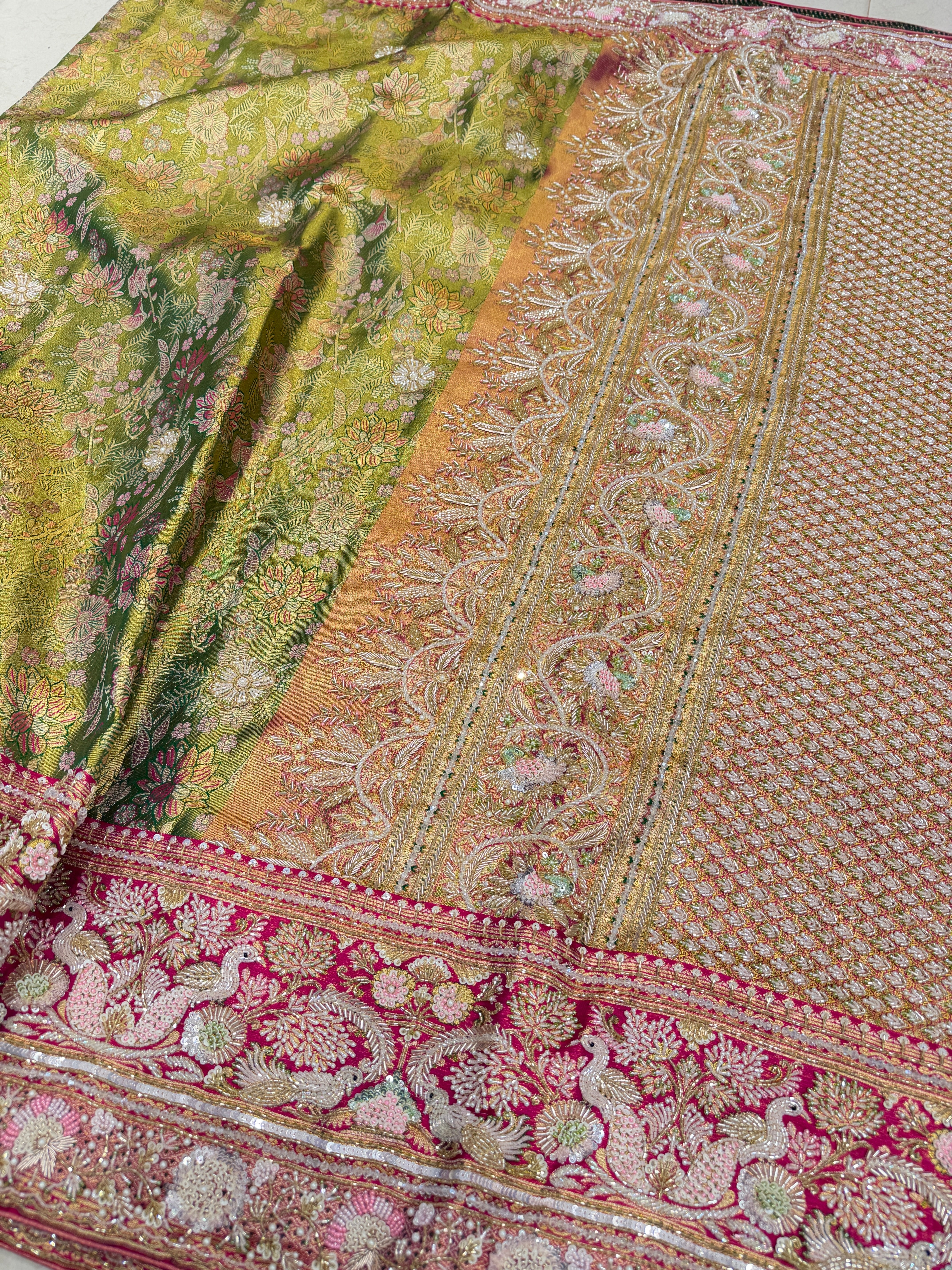 Green Contrast Meenakari Tissue Kanjivaram Zardosi Hand Embroidery Saree