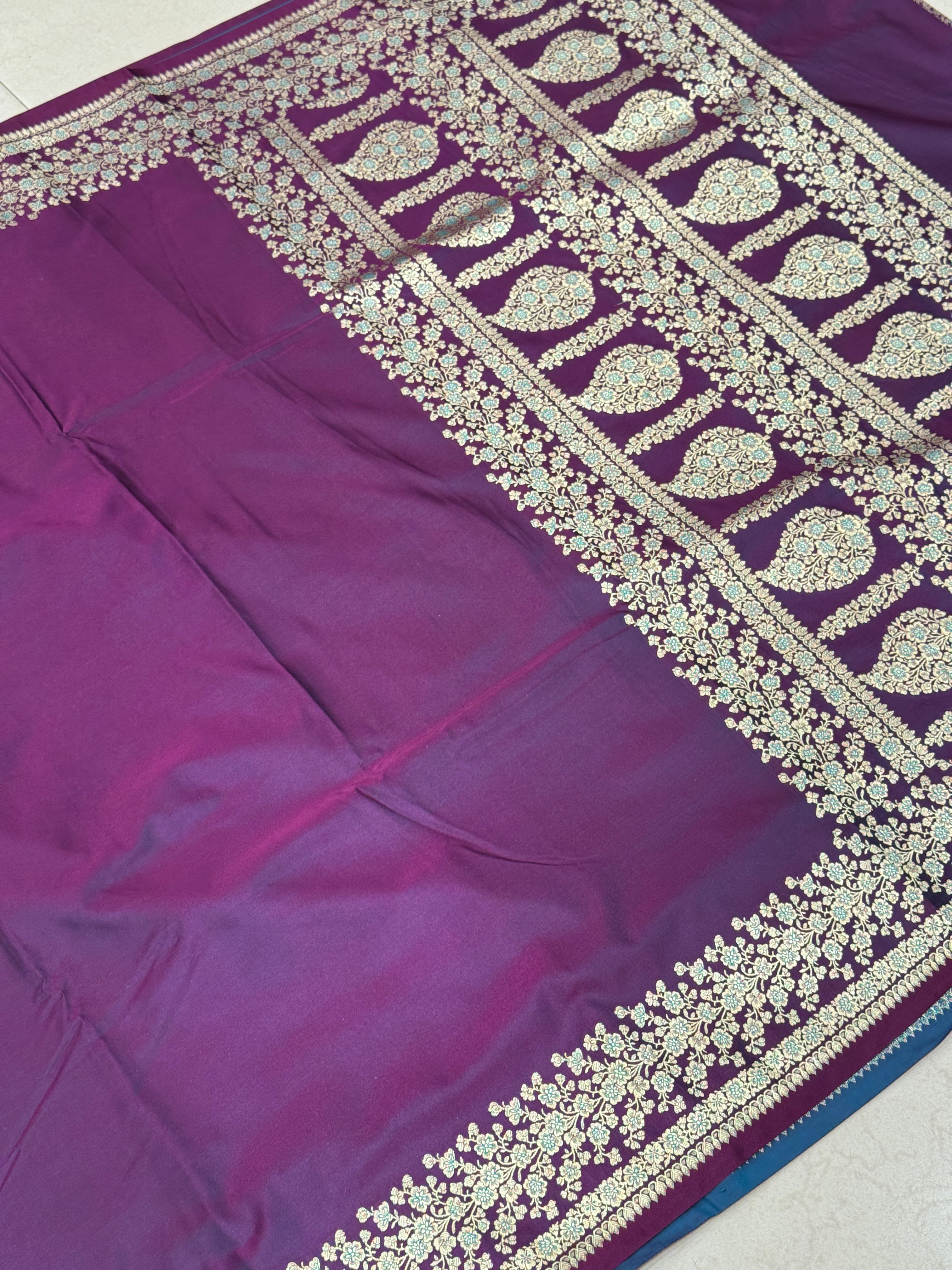 Wine Banarasi Silk Plain Floral Border Saree