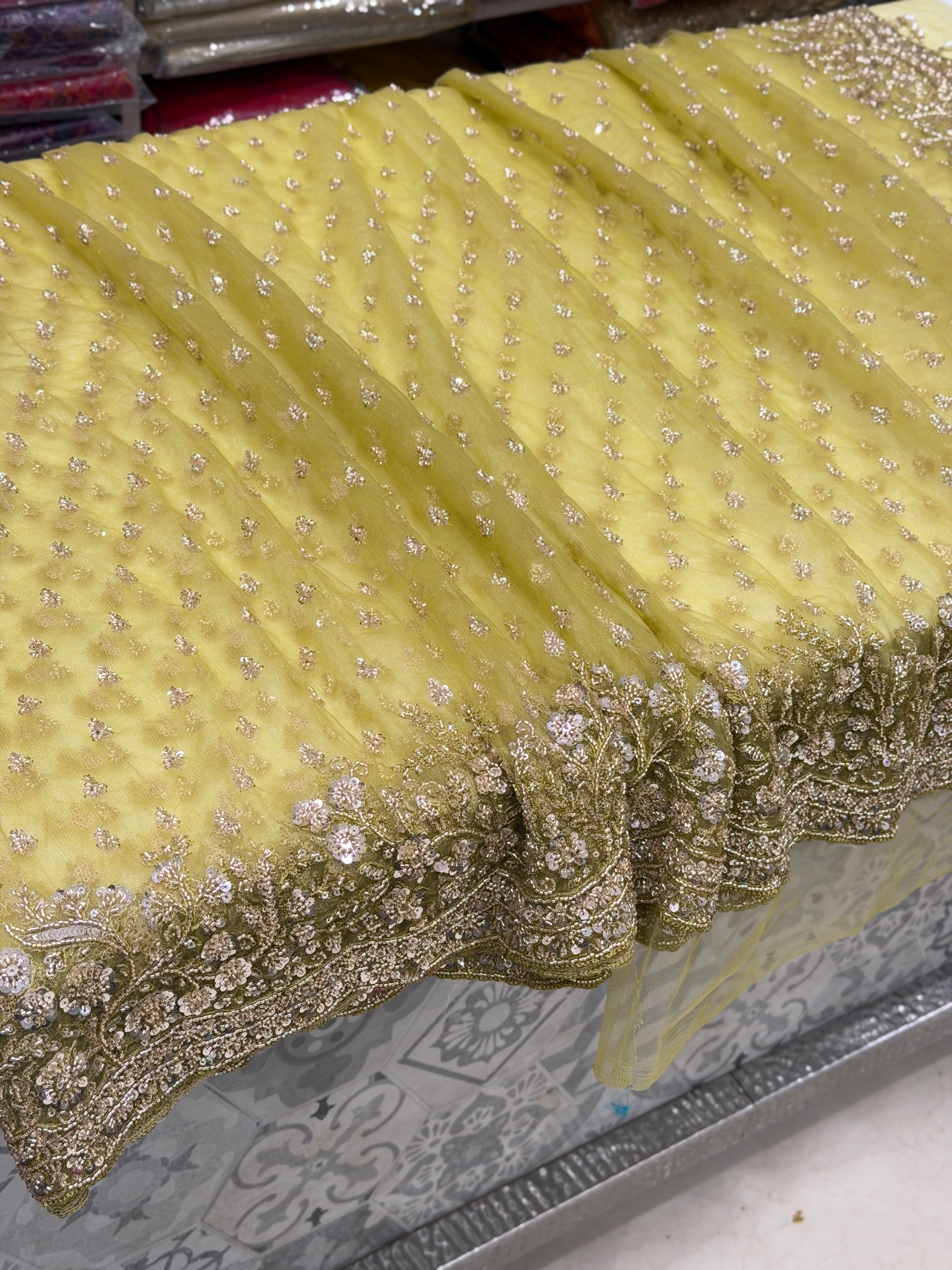Lime Green Moti Sequin Ready Blouse Soft Net Embroidery Saree