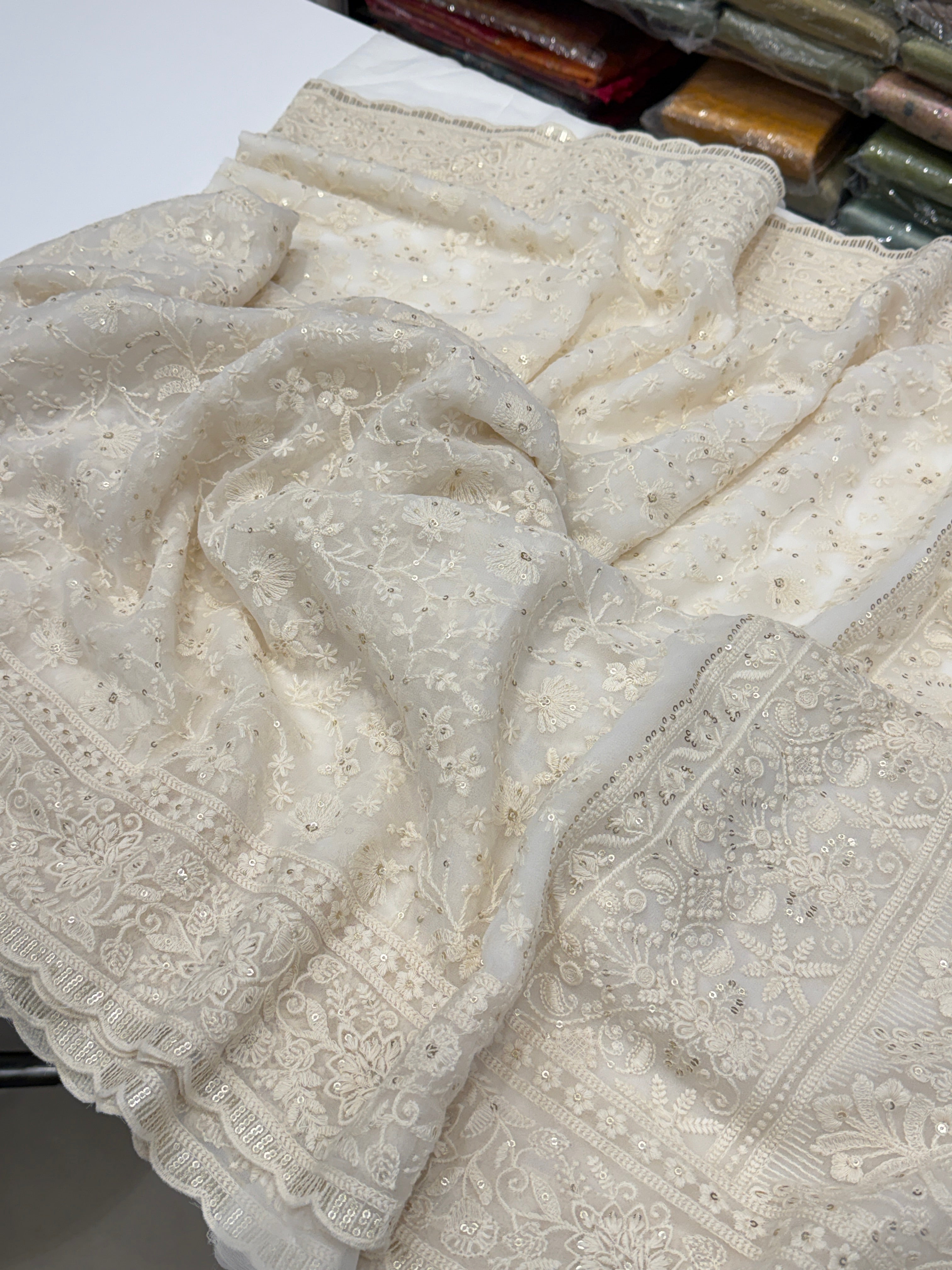 White Chikankari Georgette Floral Jaal Resham Sequin Embroidery Saree