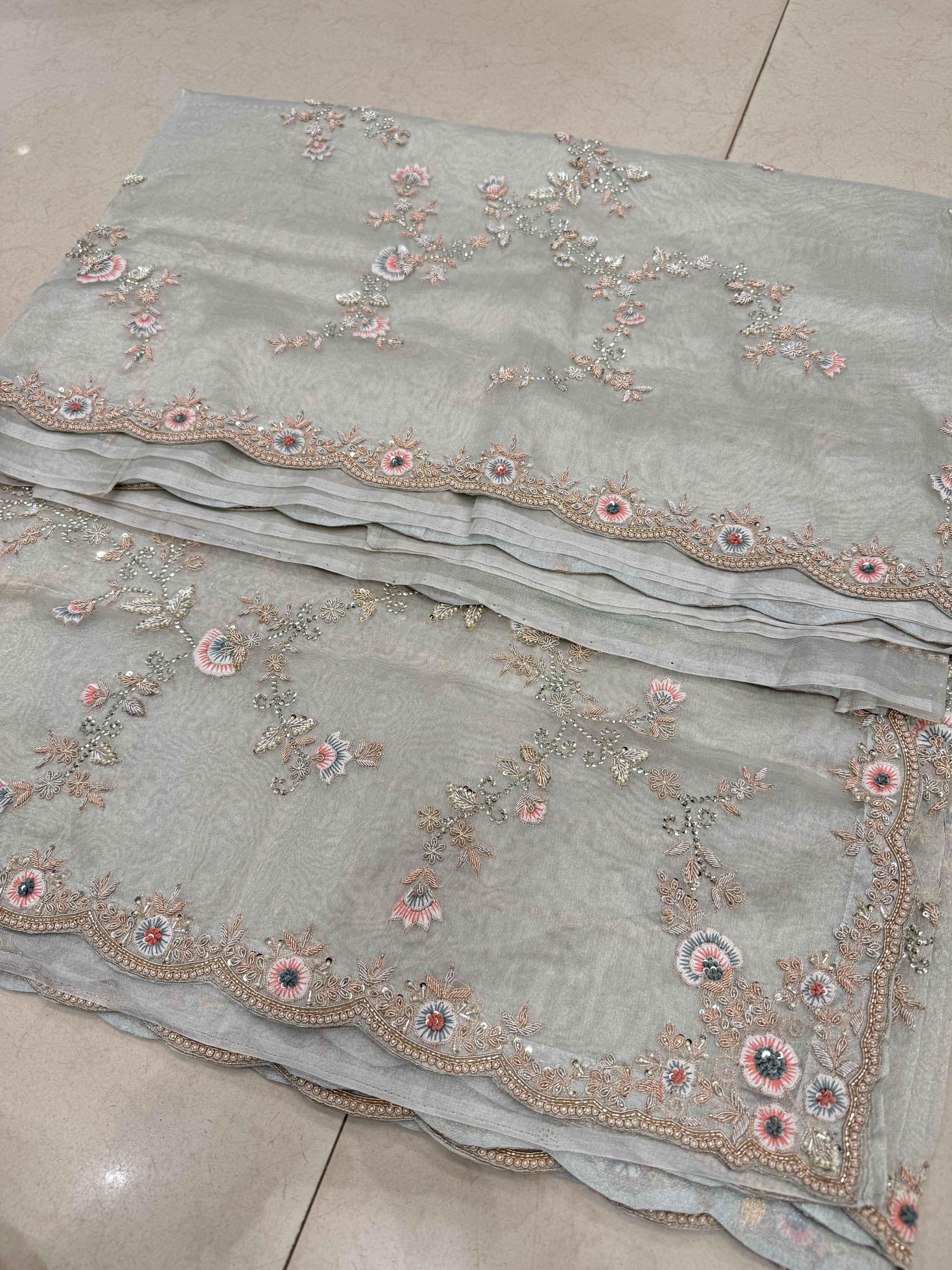 Silver Blue Tissue Zardosi Knot Embroidered Saree