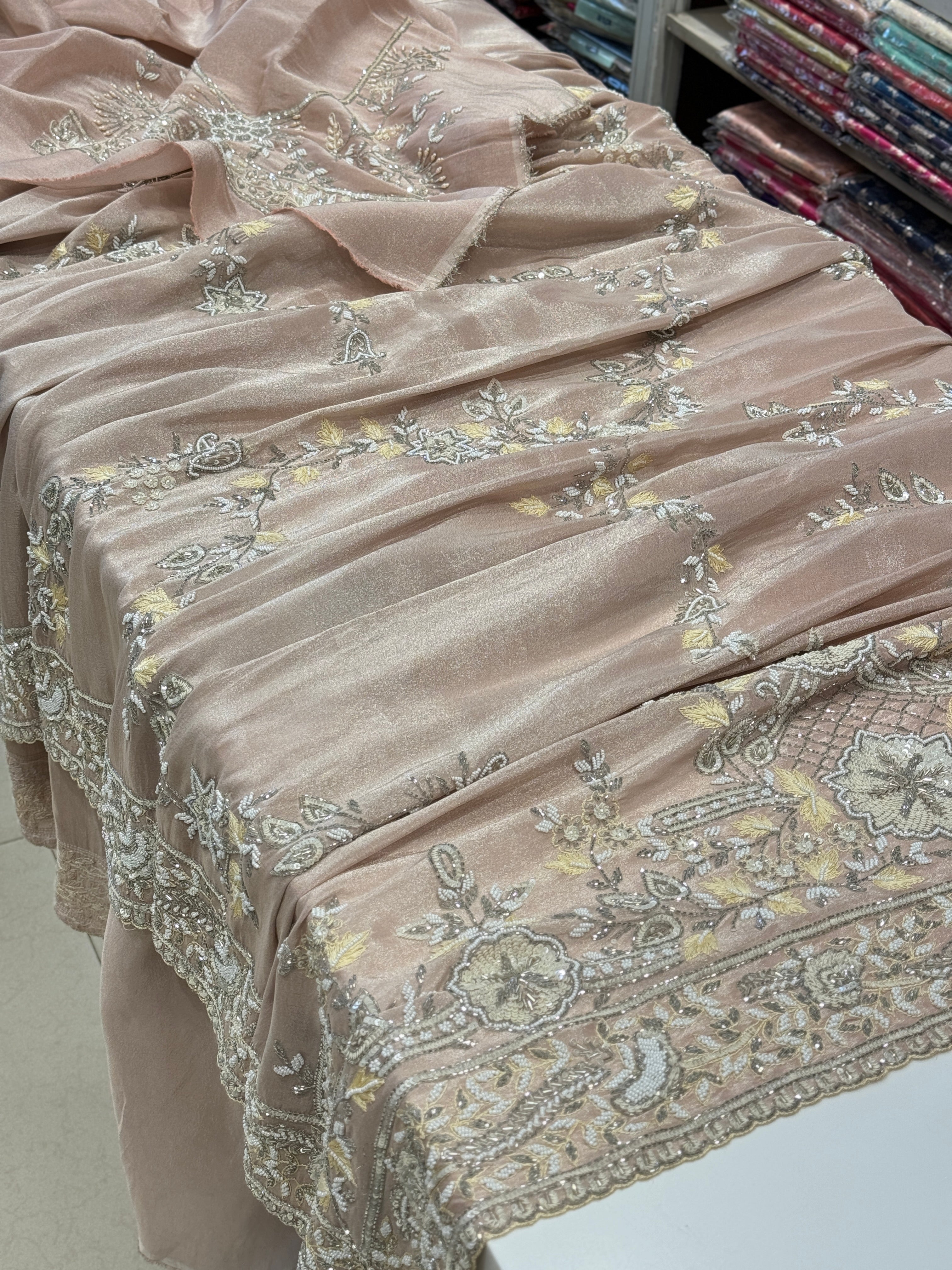 Pink Crepe Tissue Hand Embroidery Saree
