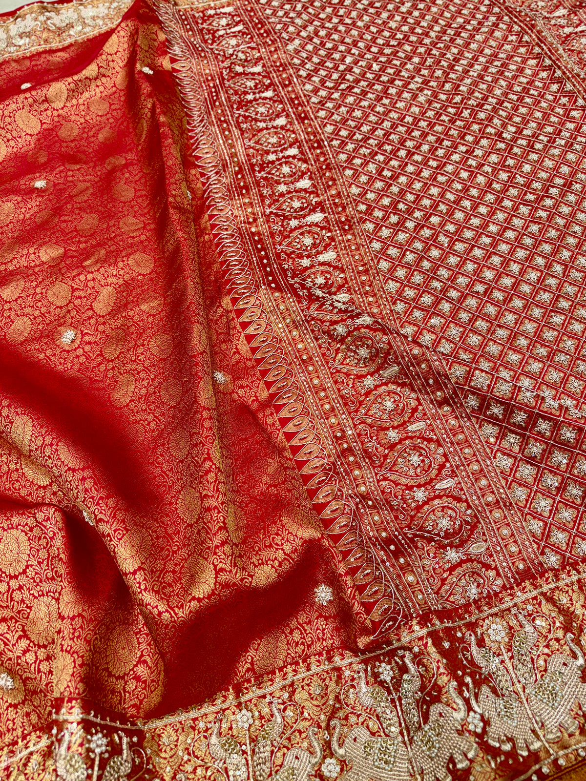 Red Kanjivaram Elephant Motifs Zardosi Hand Embroidery Saree