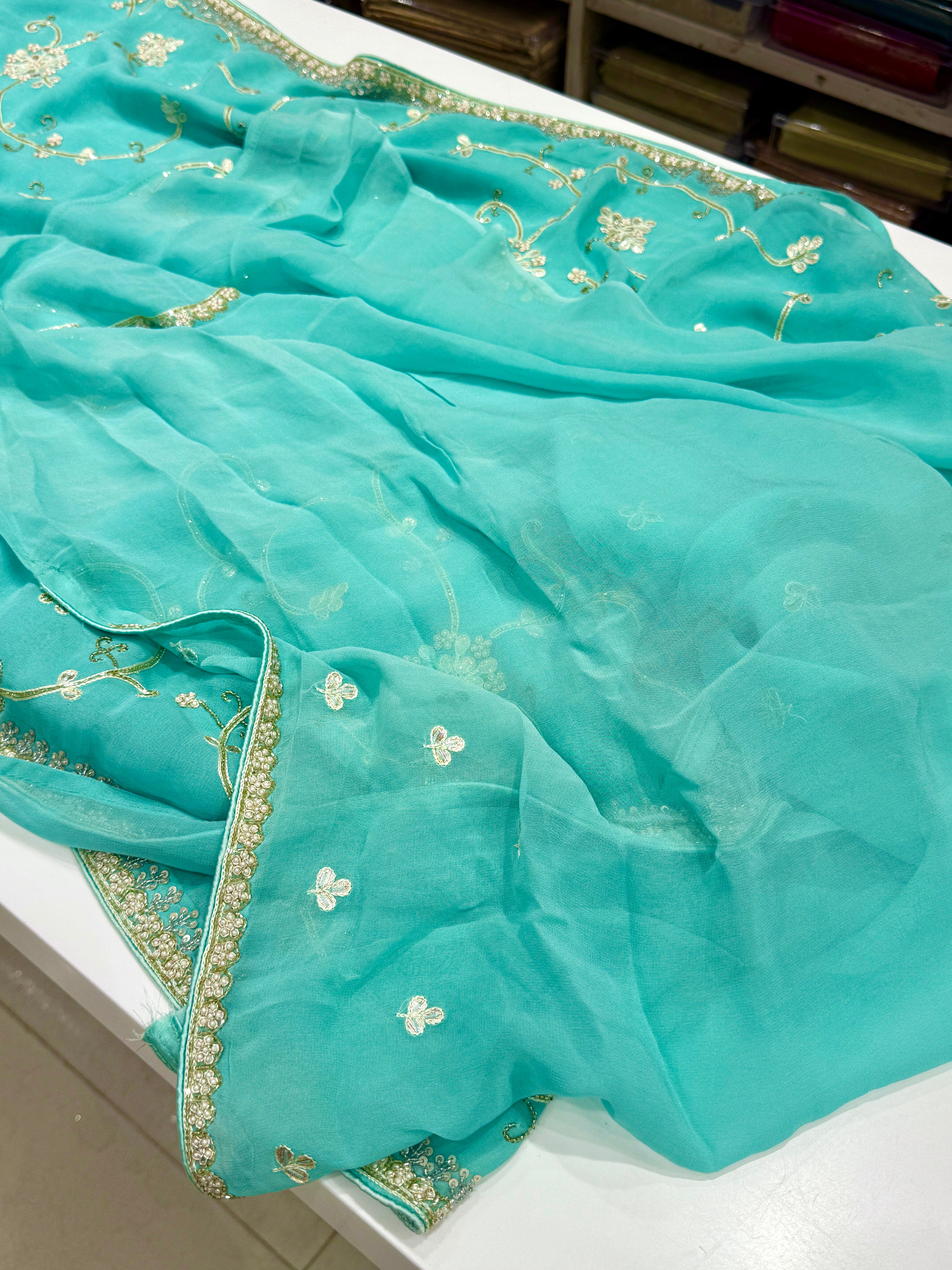 Sea Blue Georgette Gotapatti Jaal Saree