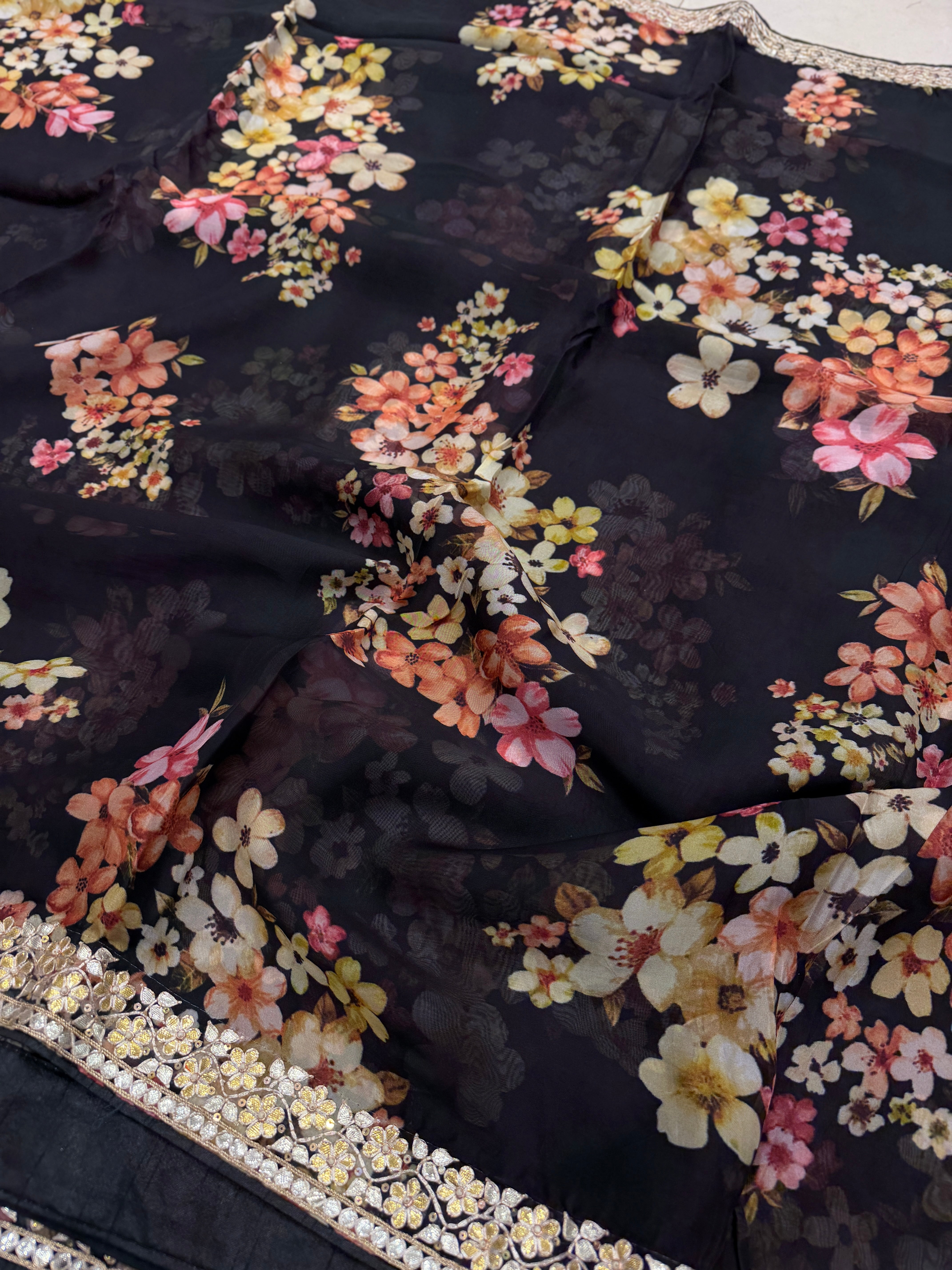 Black Soft Organza Printed Hand Embroidery Gotapatti Pita Embroidery Saree