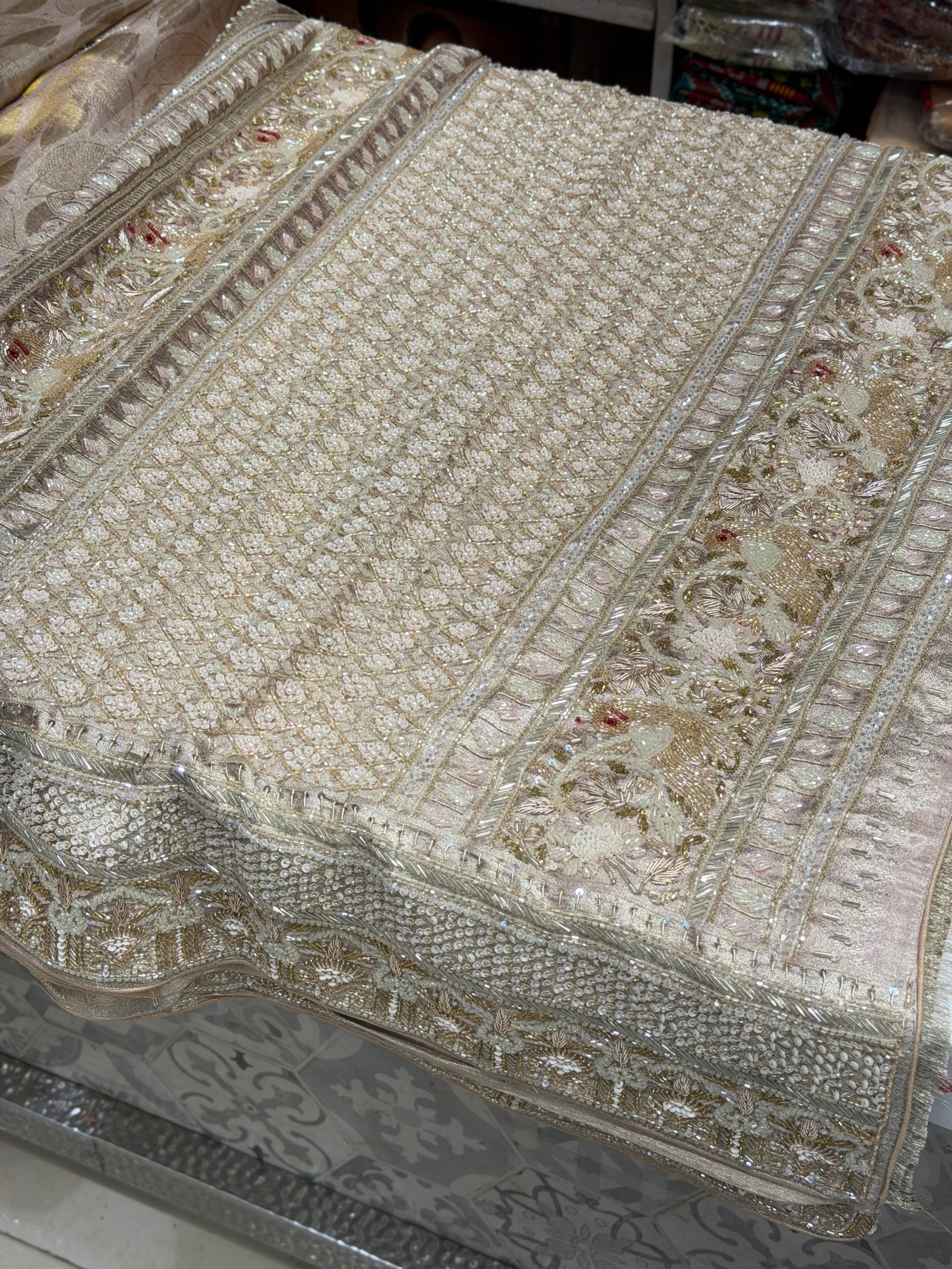 Nude Pink Silver Kanjivaram Three Zari Hand Embroidery Zardosi Moti Sequin Saree
