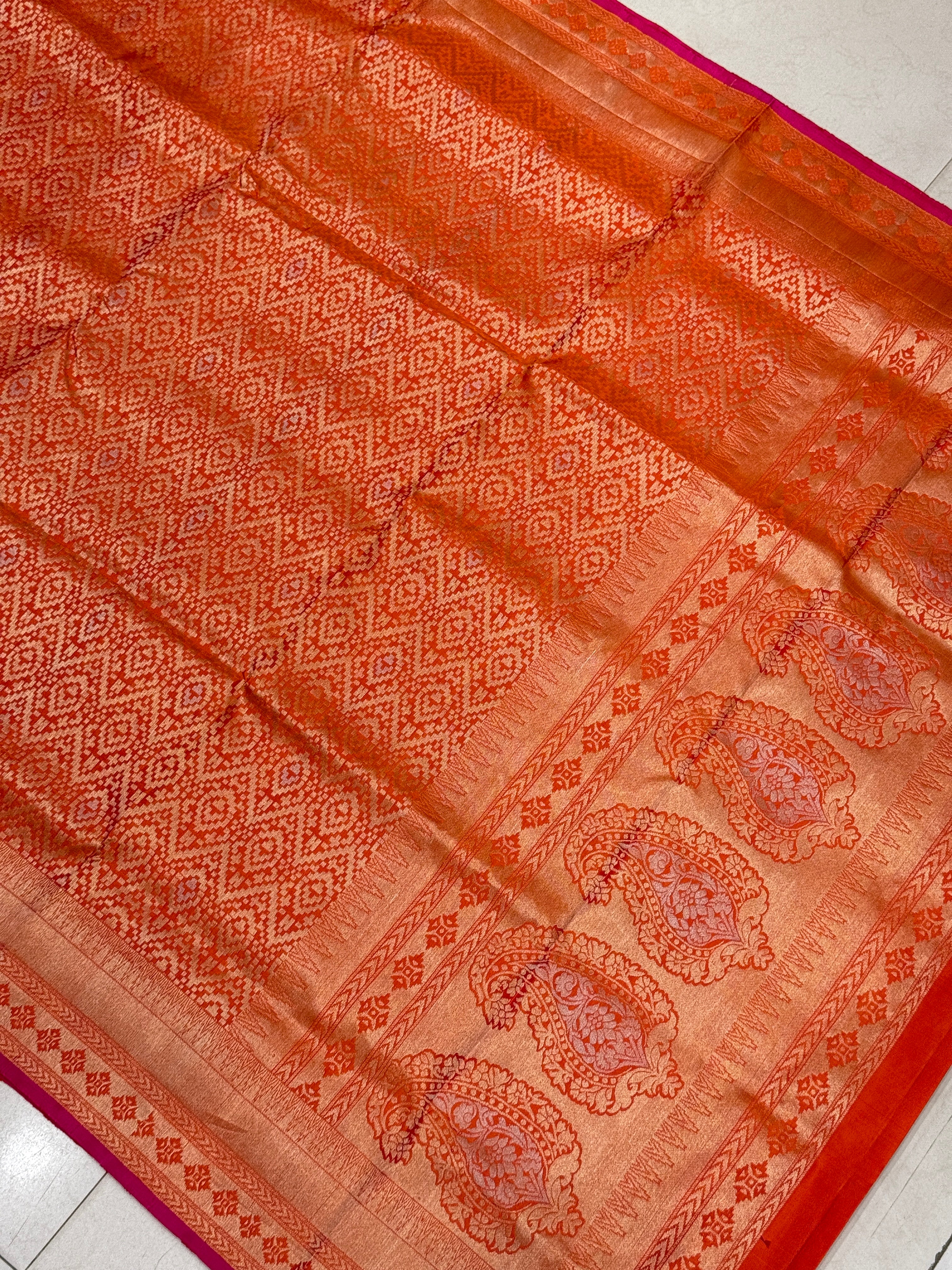 Rust Orange Patola Design Brocade Handloom Kanchipuram Pure Silk Saree