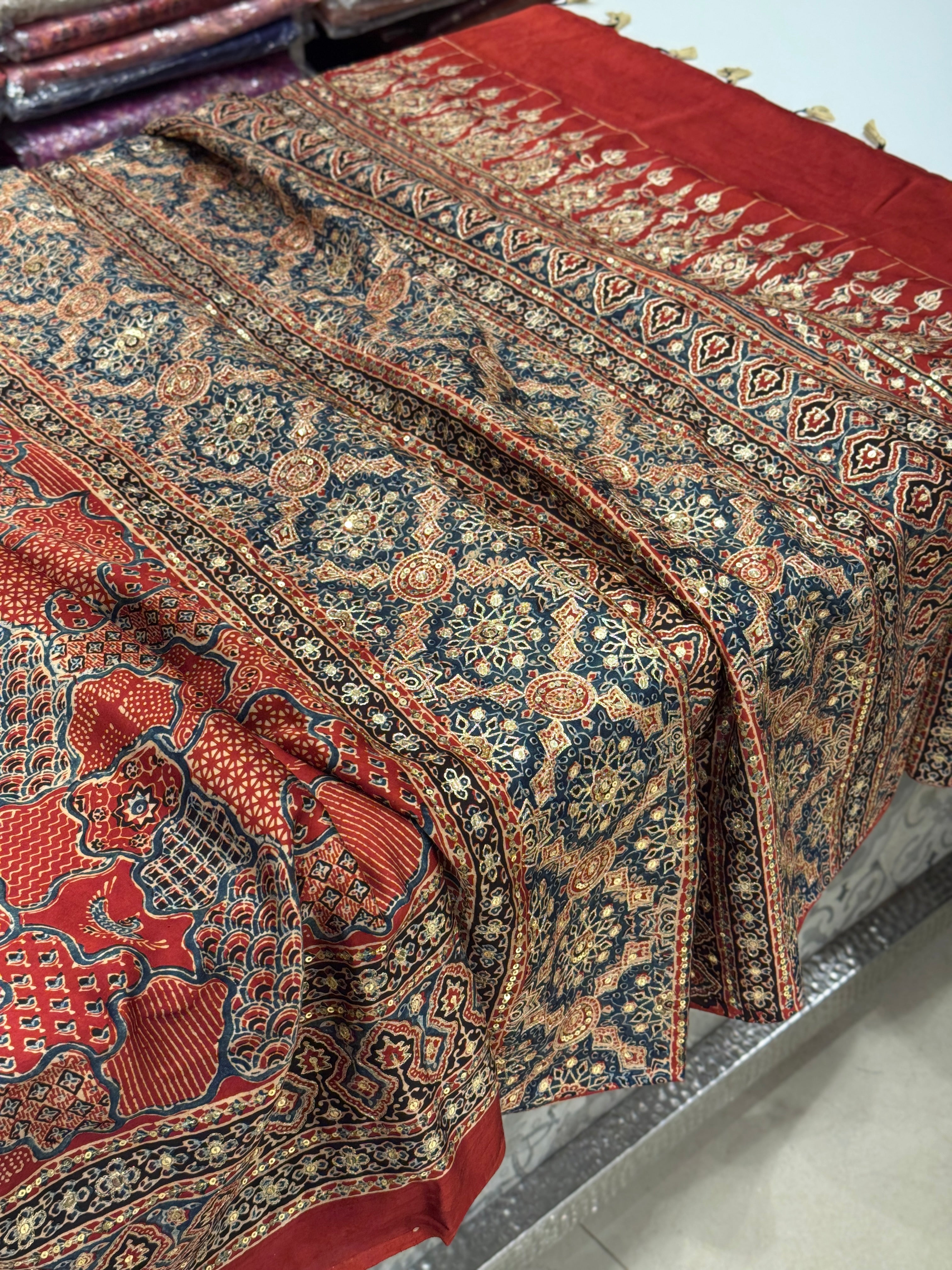Red Blue Abstract Pita Sequin Ajrakh Hand Embroidery Saree