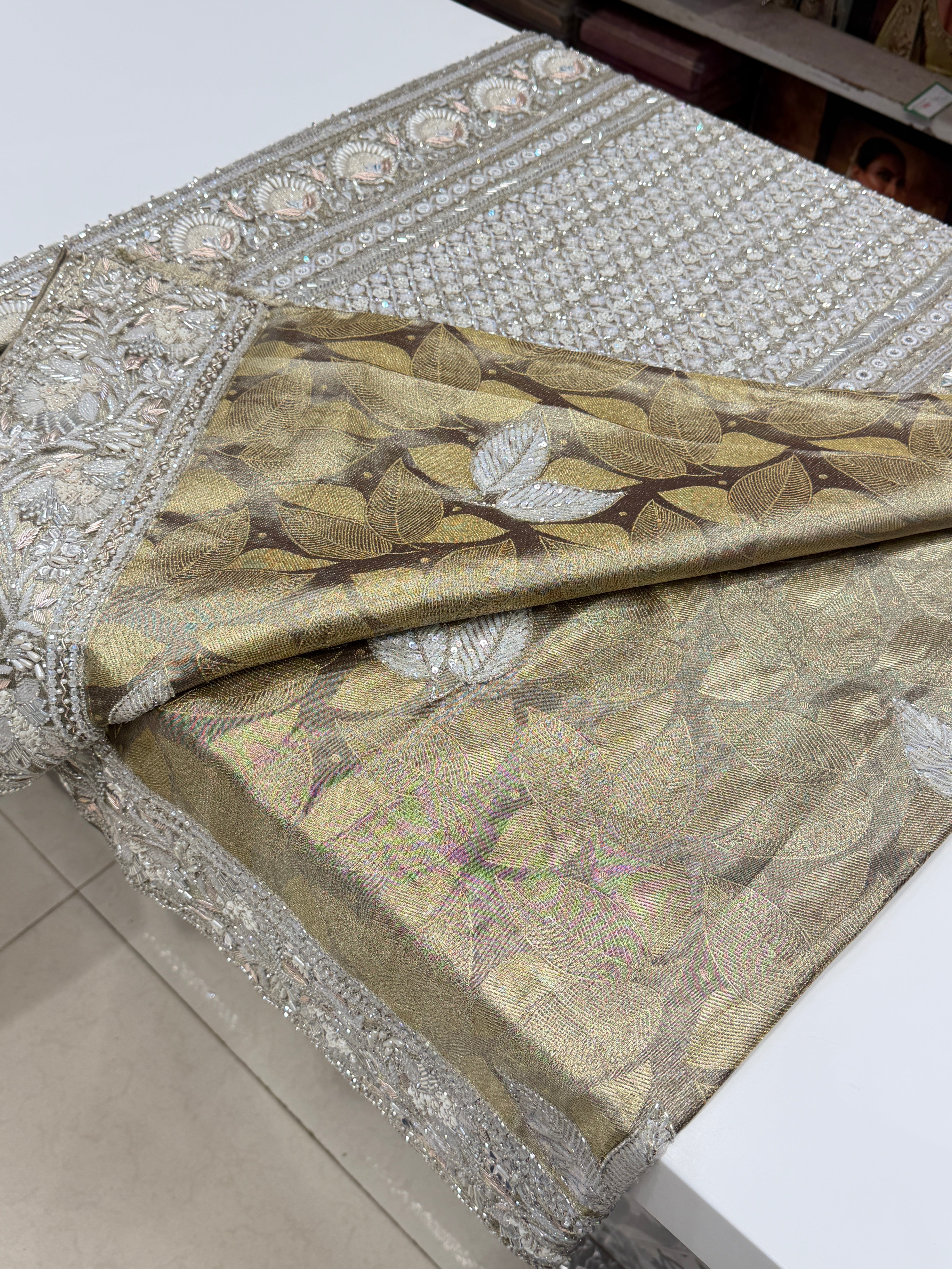 Champagne Contemporary Kanjivaram Hand Embroidery Zardosi Saree