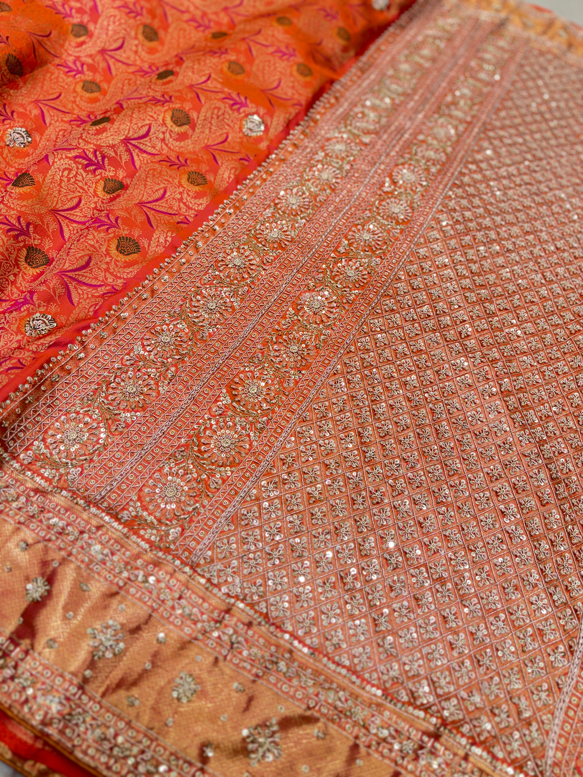 Rust Orange Meenakari Kanjivaram Zardosi Hand Embroidery Saree