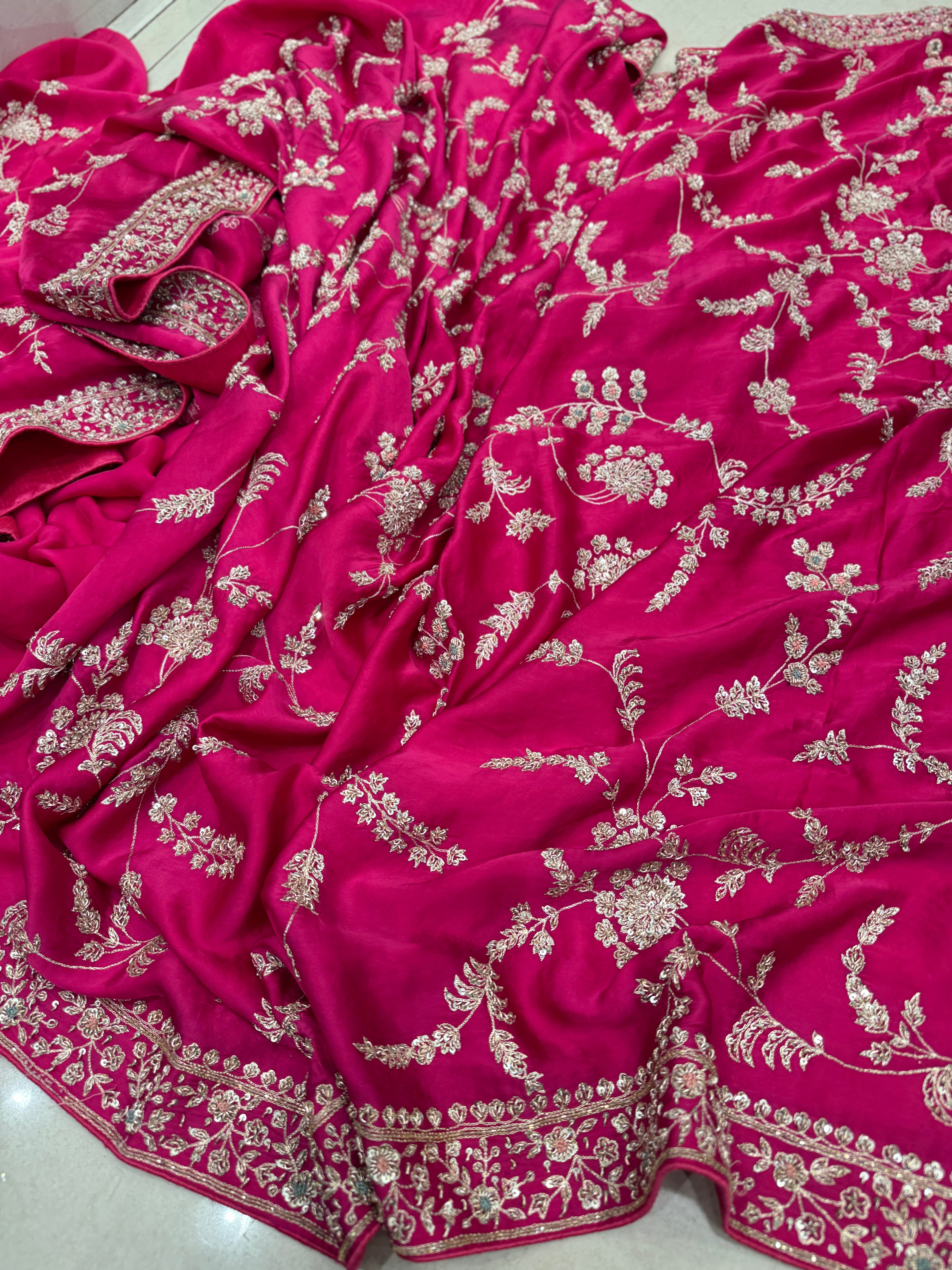 Rani Pink Satin Zardosi Saree