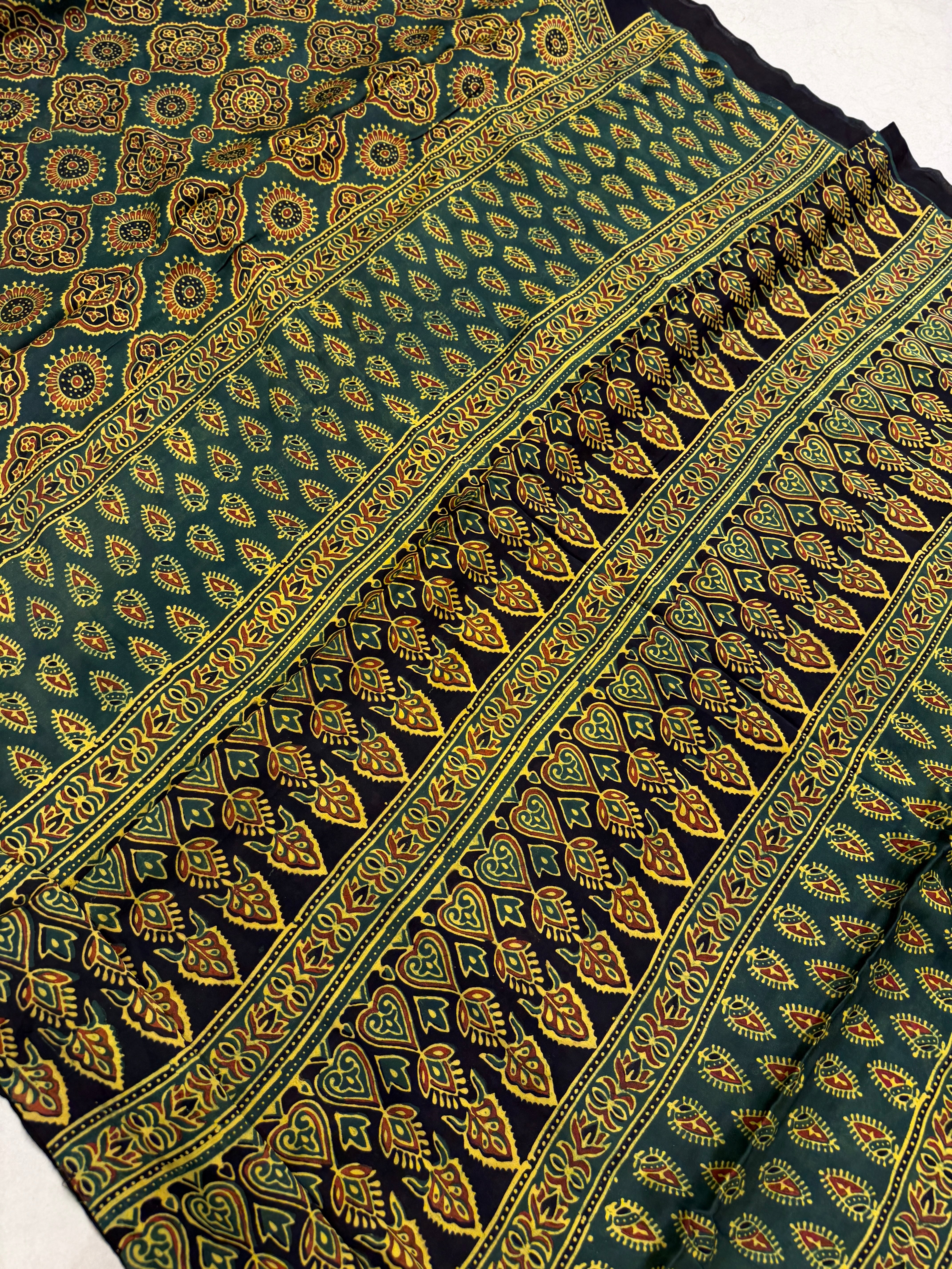 Bottle Green Badam Buttas Ajrakh Hand Block Print Pure Gajji Silk Saree