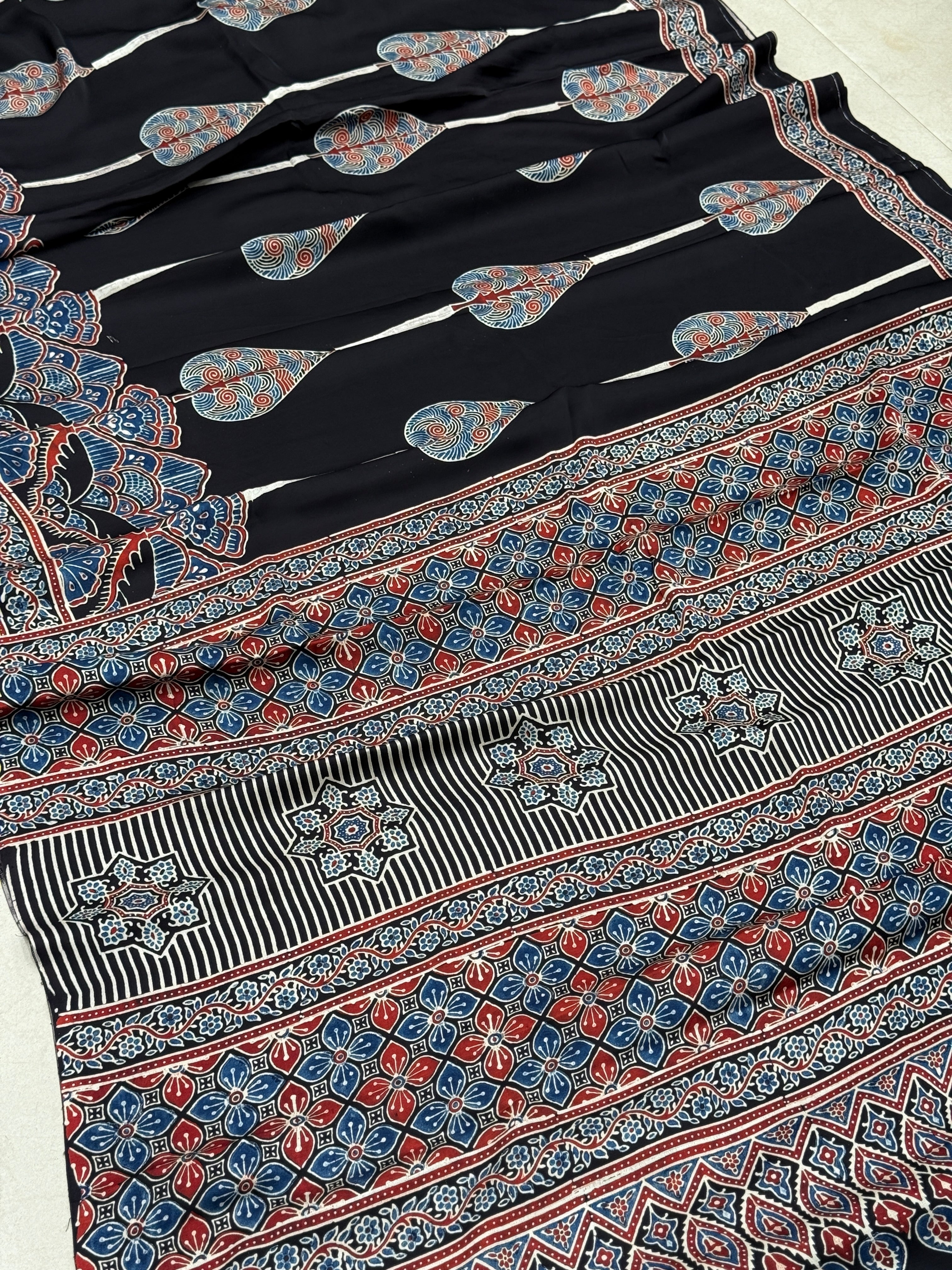 Black Roses Butta Contemporary Modal Gajji Silk Ajrakh Saree