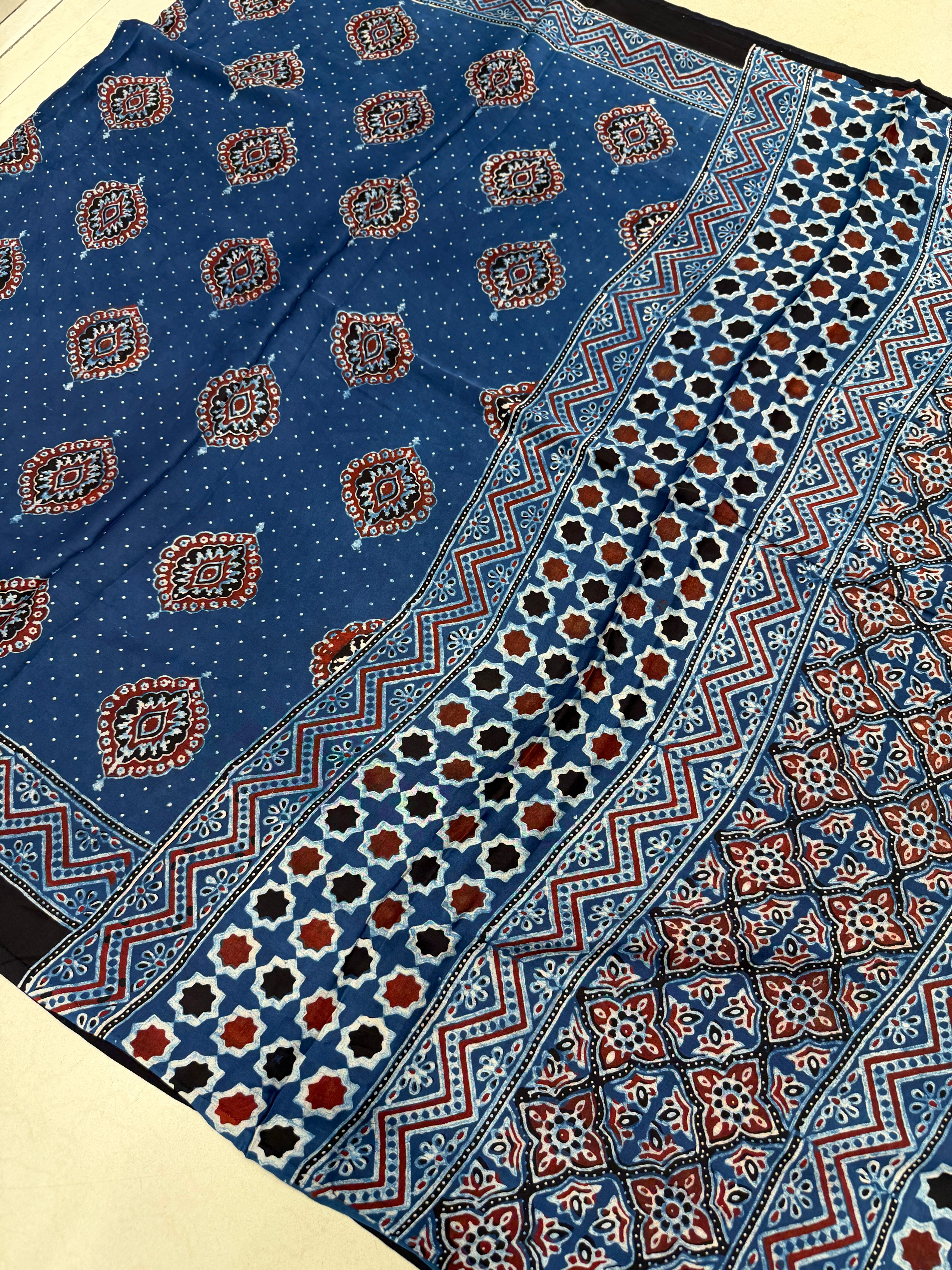 Blue Badam Butta Ajrakh Hand Block Print Pure Gajji Silk Saree
