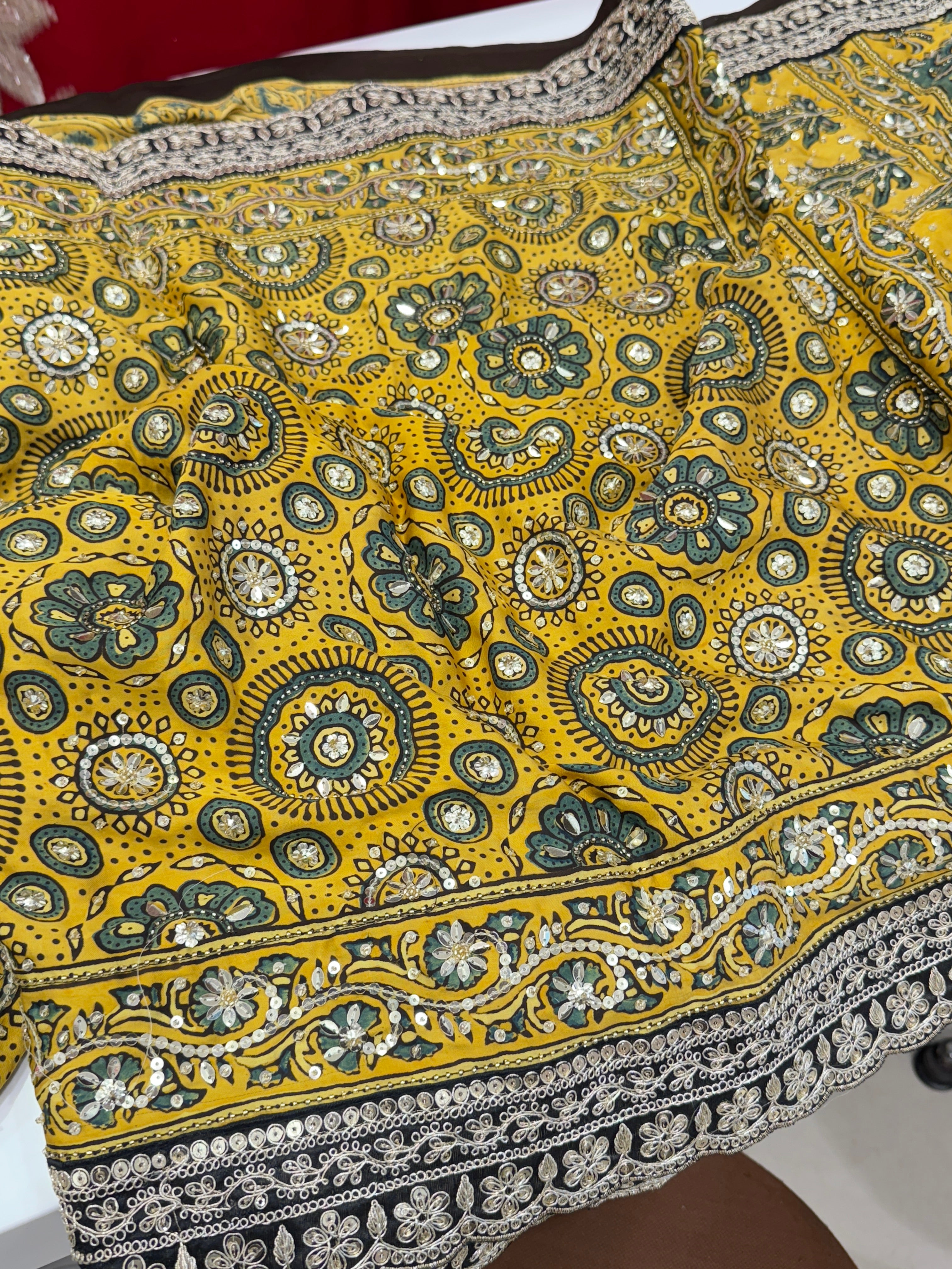 Yellow Ajrakh Hand Embroidery Saree