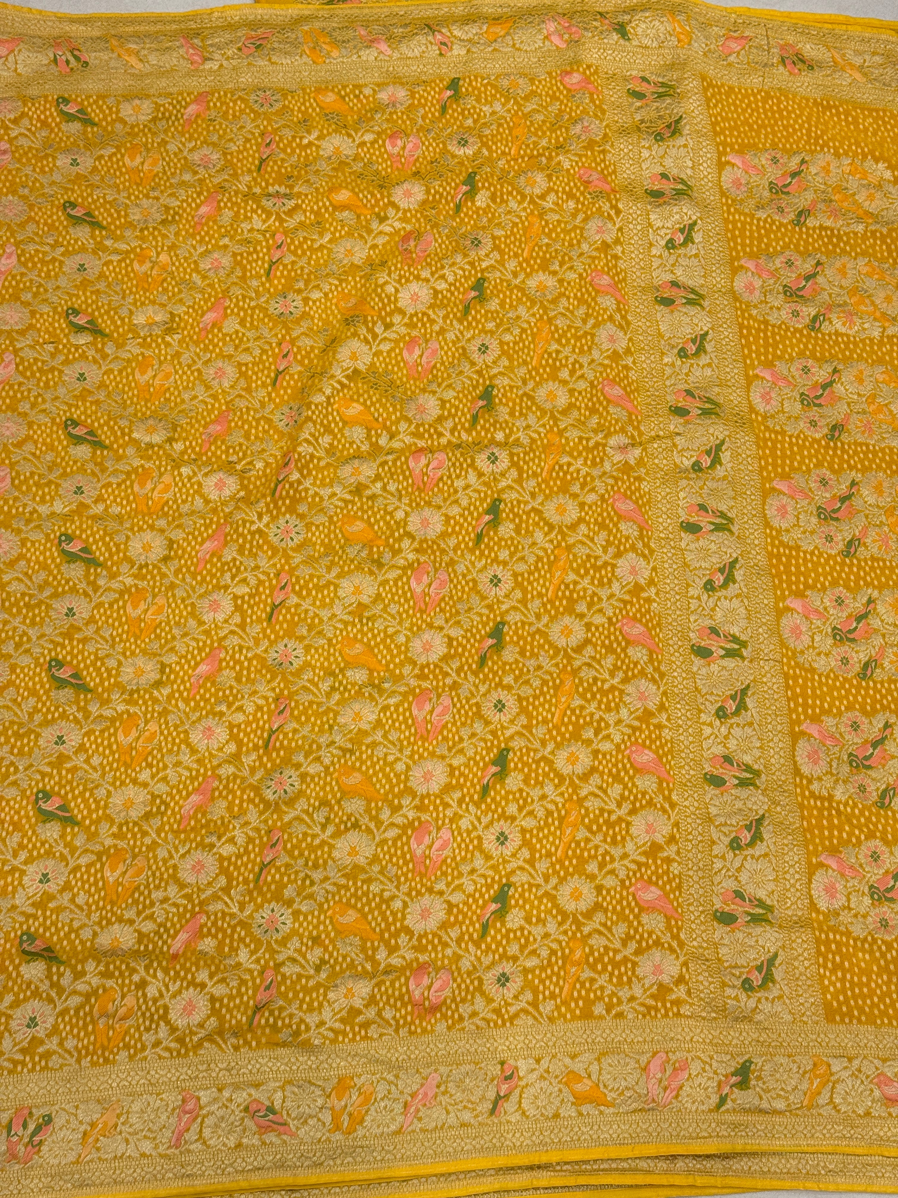 Yellow Woven Bandhej Meenakari Parrot Motif Saree
