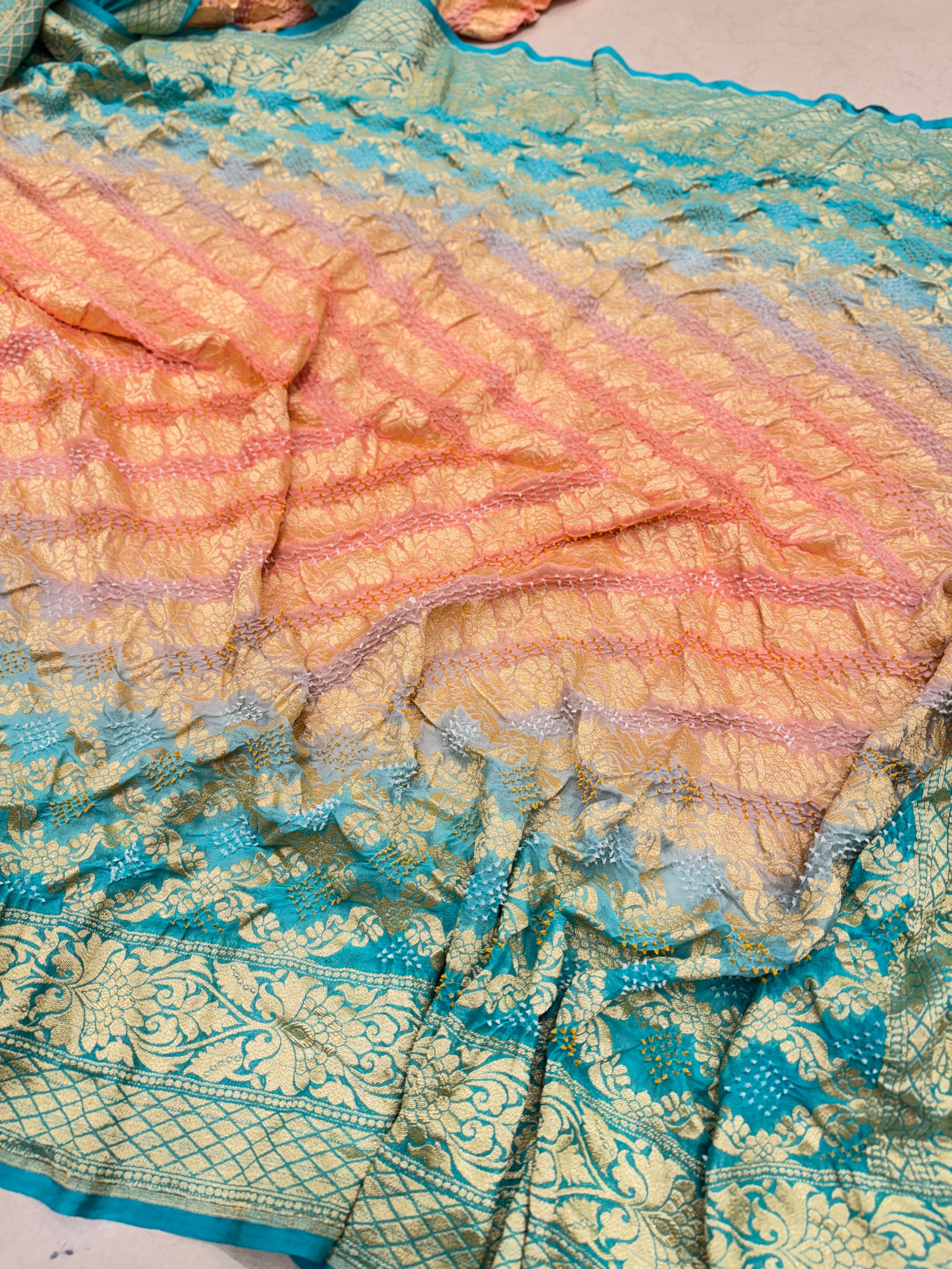 Peach Rama Shaded Bandhej Bandhini Saree